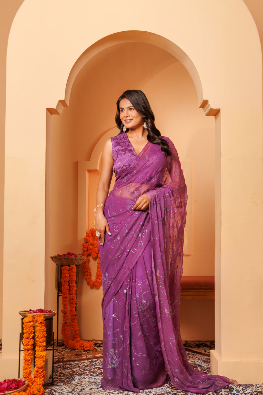 Purple Chiffon Hand Embroidered Sequins Jaal Saree