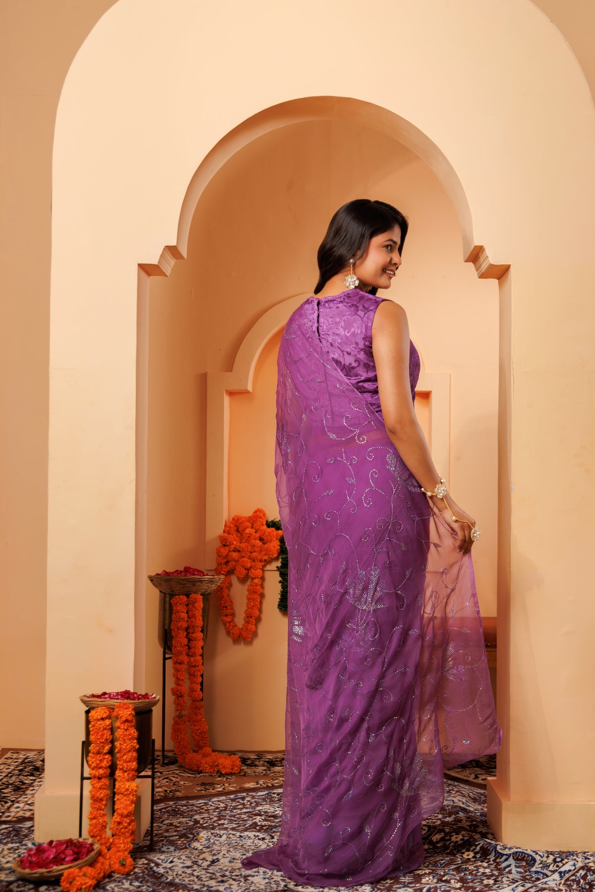 Purple Chiffon Hand Embroidered Sequins Jaal Saree
