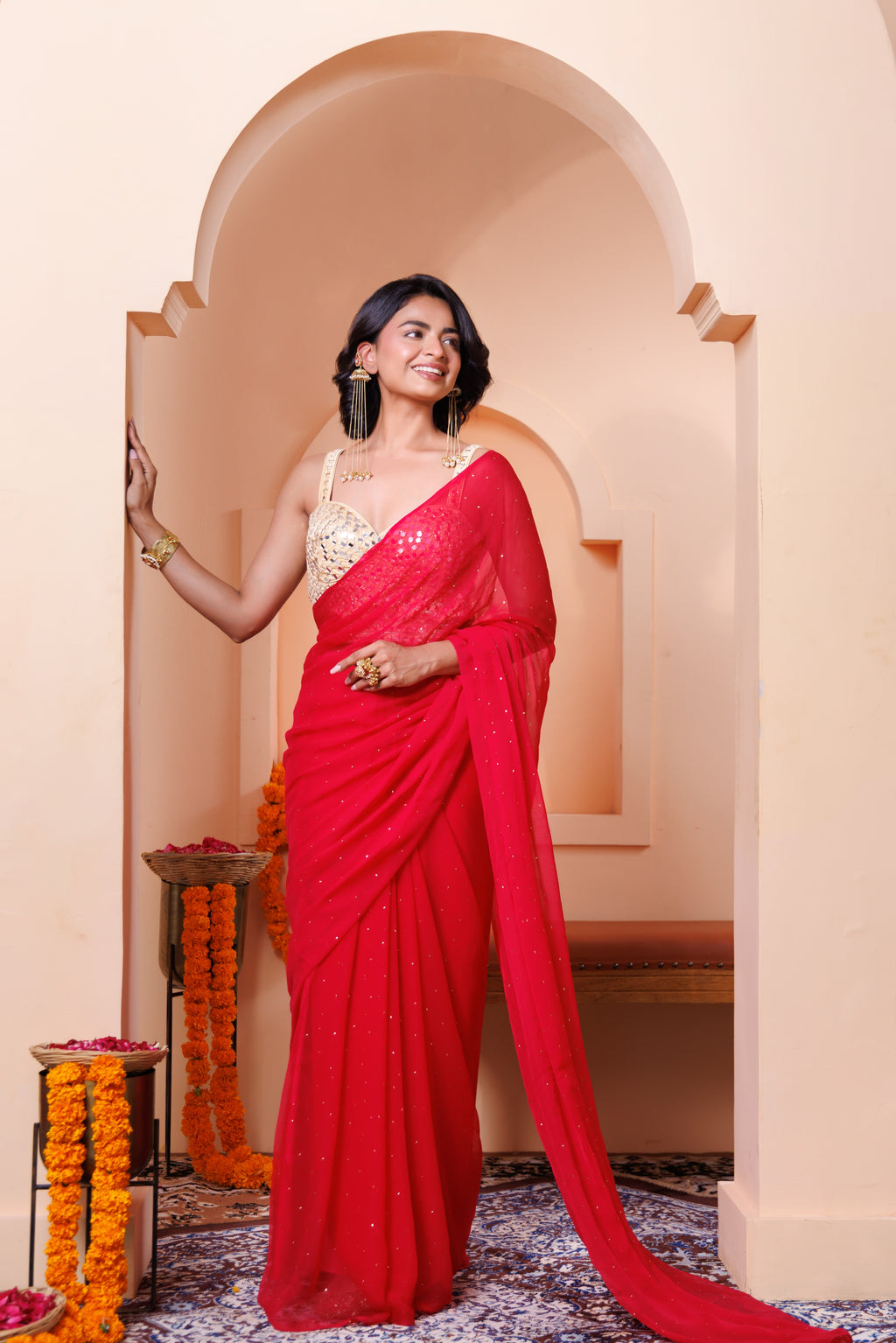 Cherry Pink Chiffon Mukaish Saree