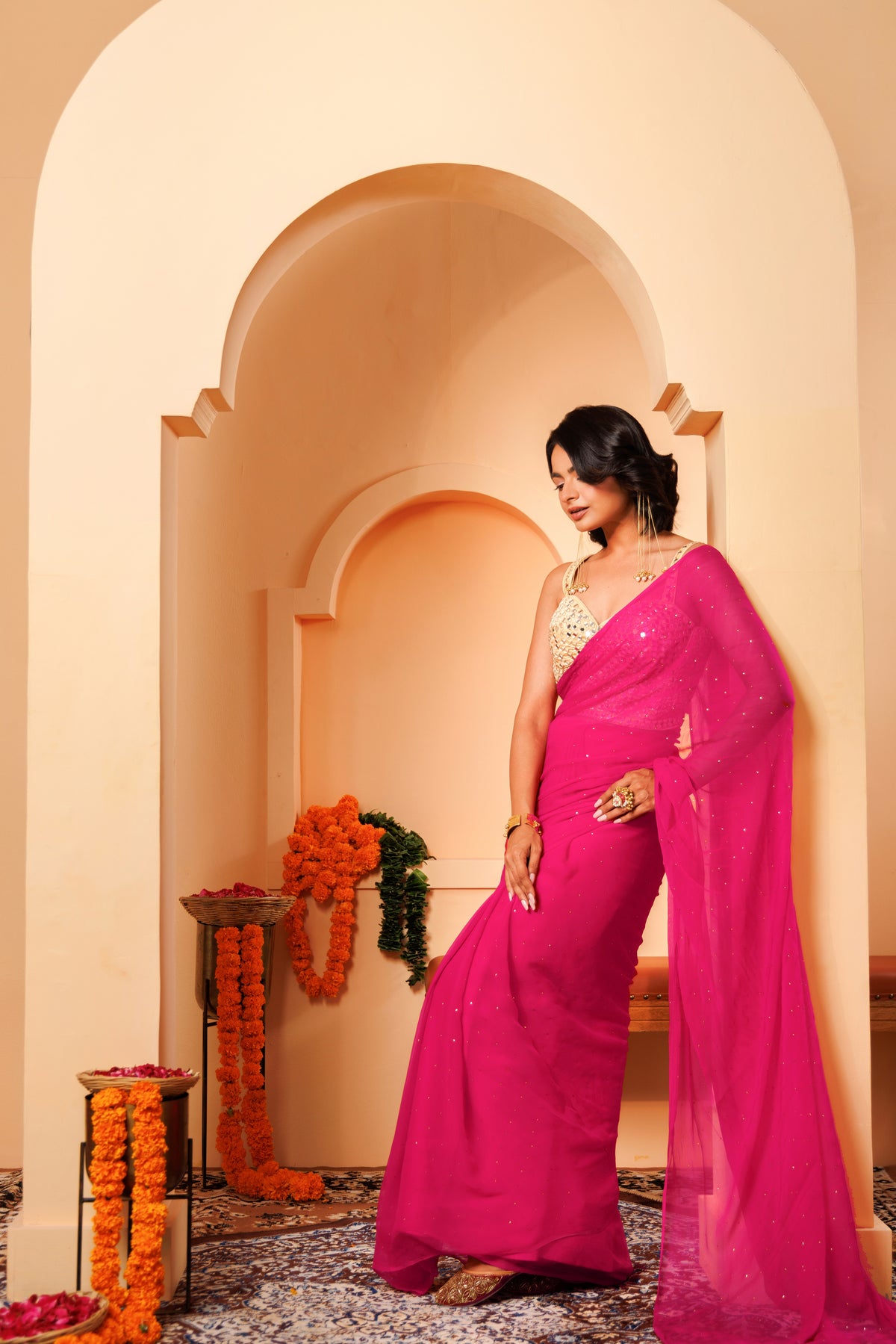 Magenta pink Chiffon Mukaish Saree