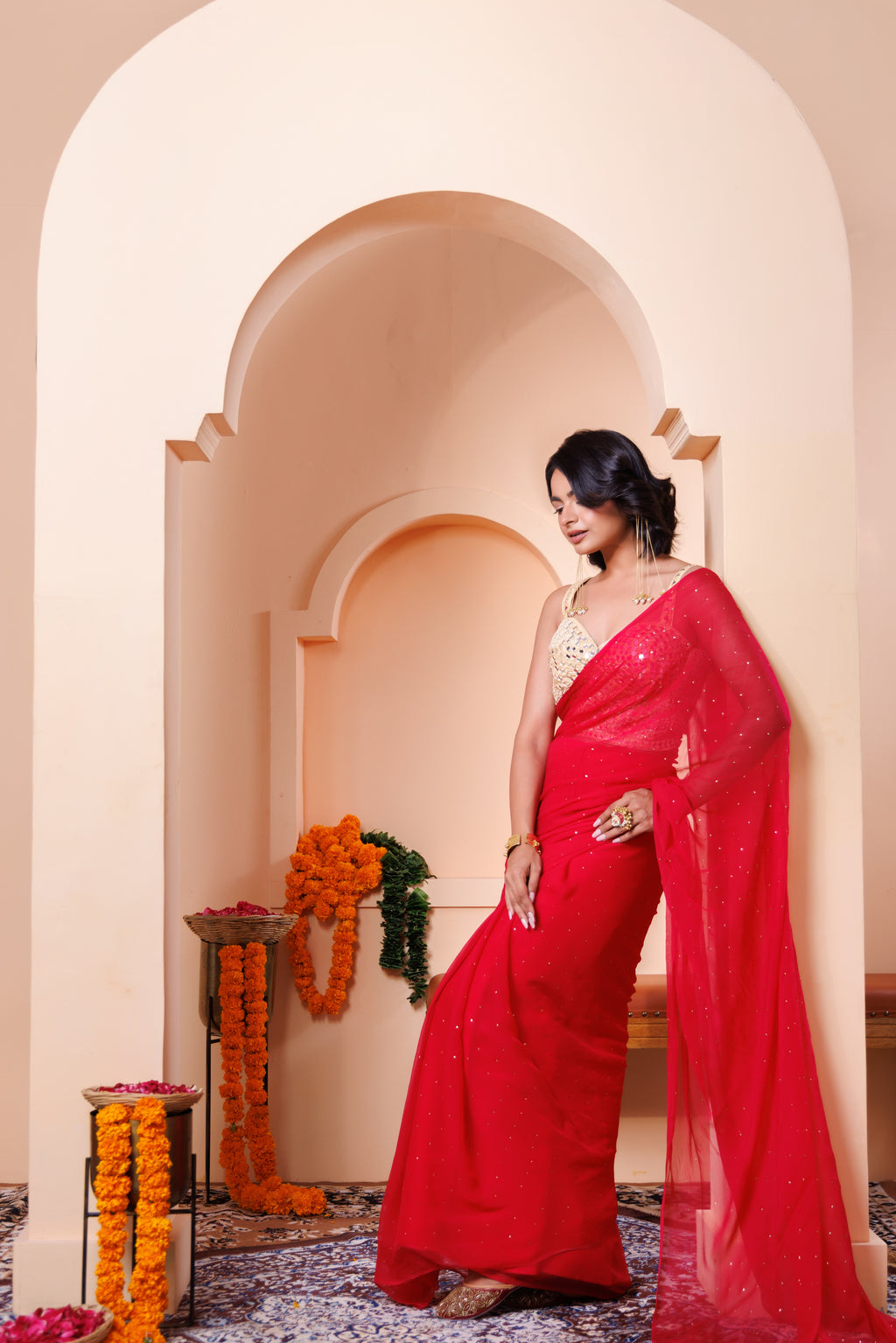 Cherry Pink Chiffon Mukaish Saree