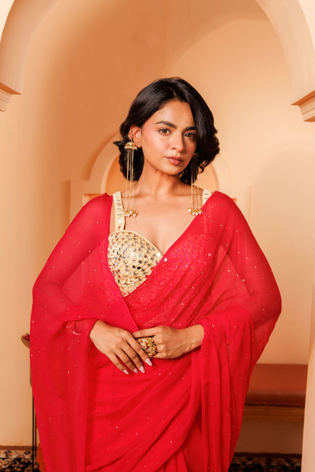 Magenta pink Chiffon Mukaish Saree