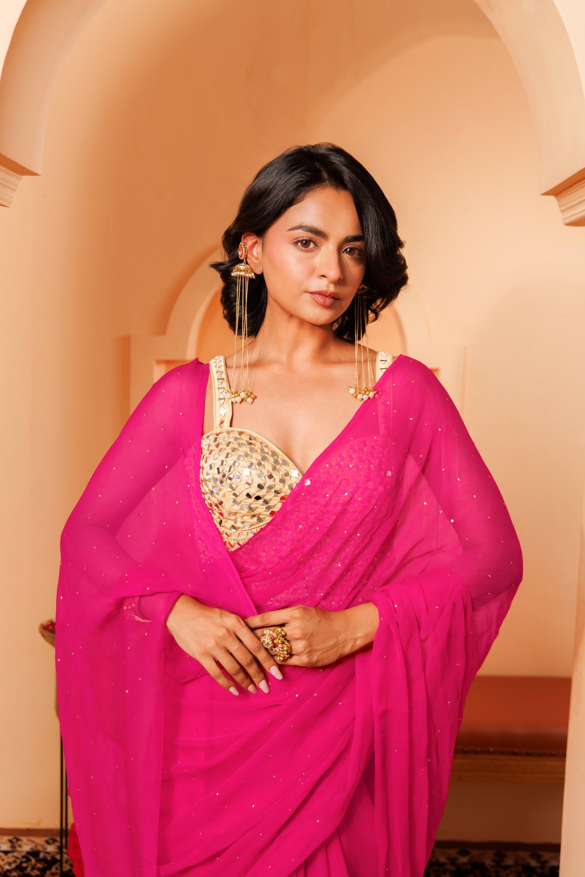 Magenta pink Chiffon Mukaish Saree