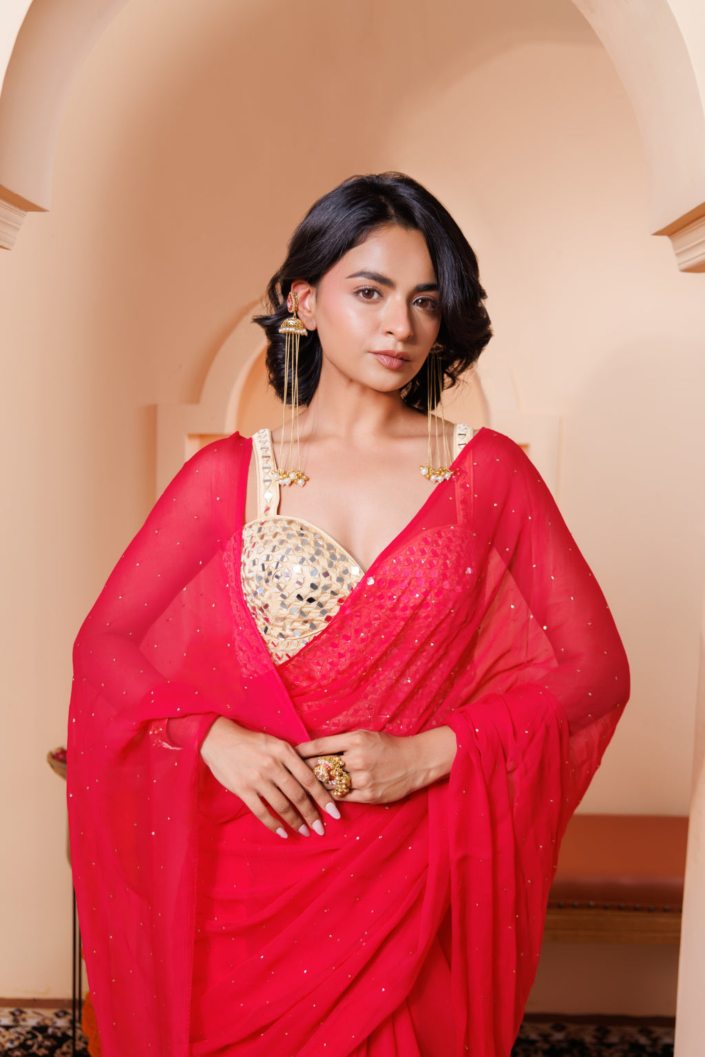 Cherry Pink Chiffon Mukaish Saree