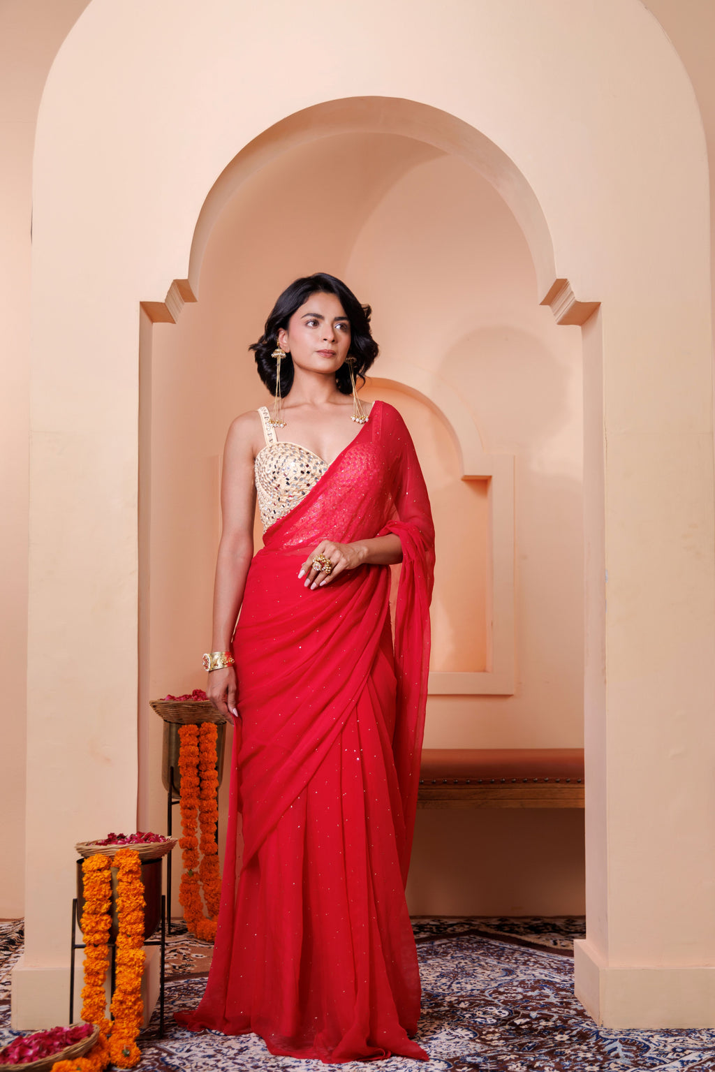 Magenta pink Chiffon Mukaish Saree