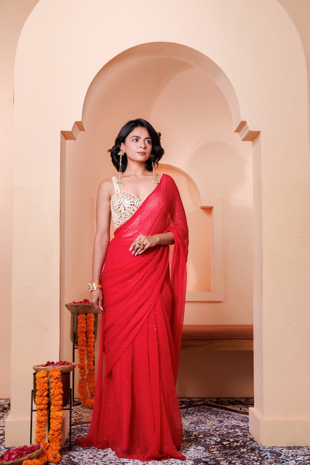 Cherry Pink Chiffon Mukaish Saree