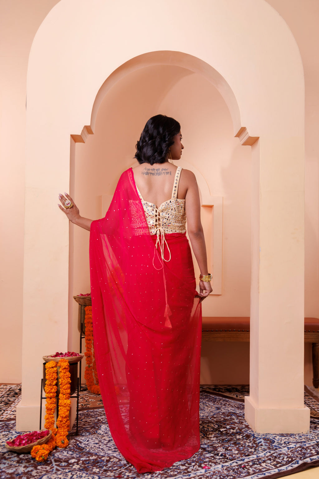 Magenta pink Chiffon Mukaish Saree