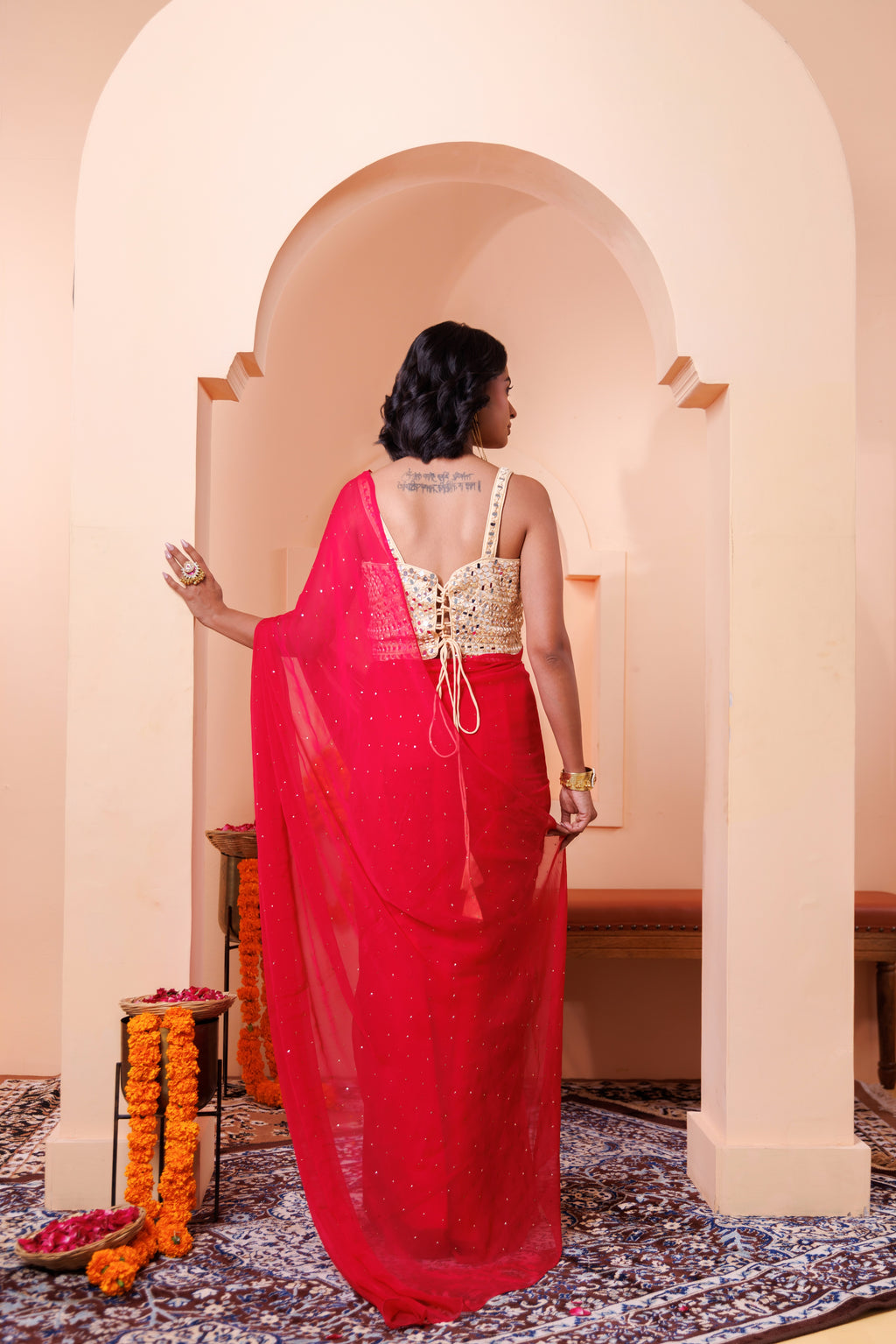 Cherry Pink Chiffon Mukaish Saree