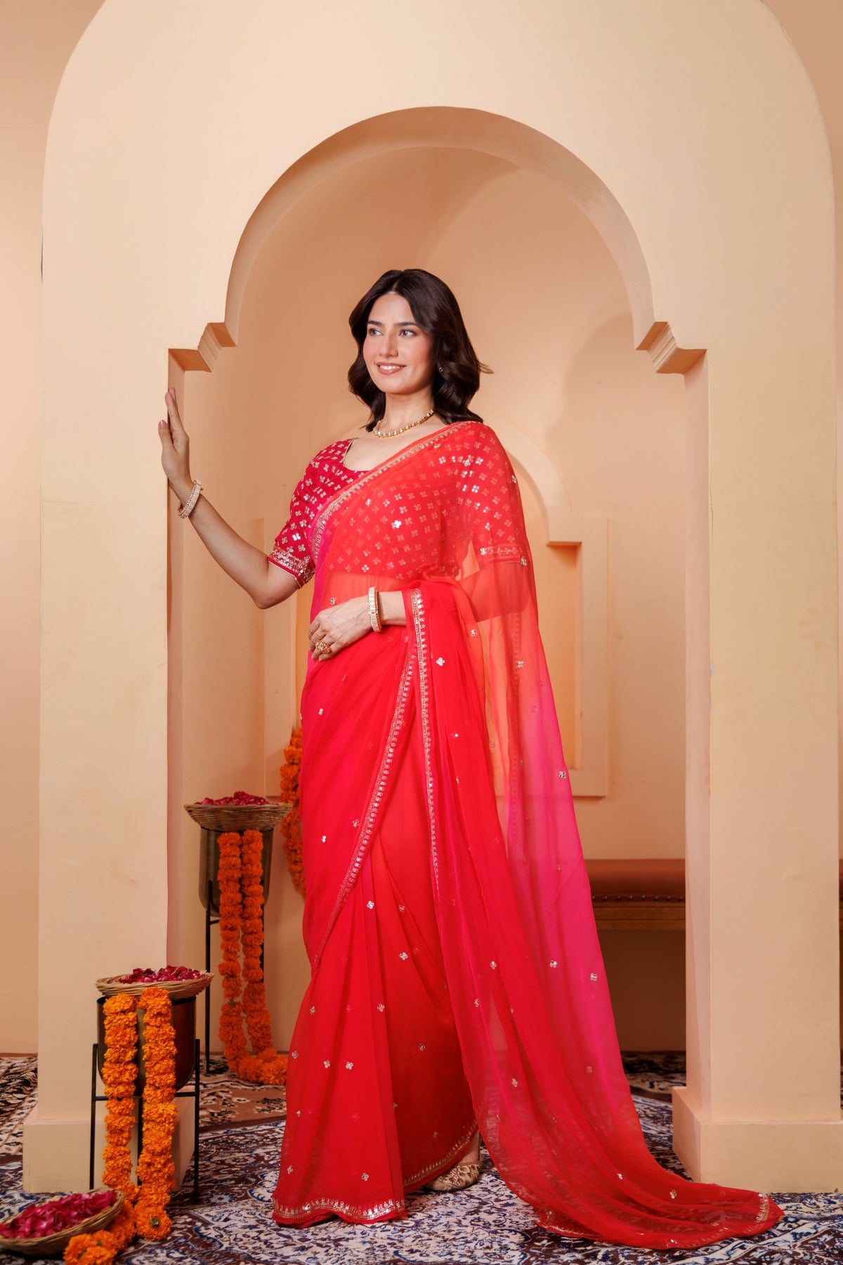 Multicolor Chiffon Saree with Aari & Sequin Work