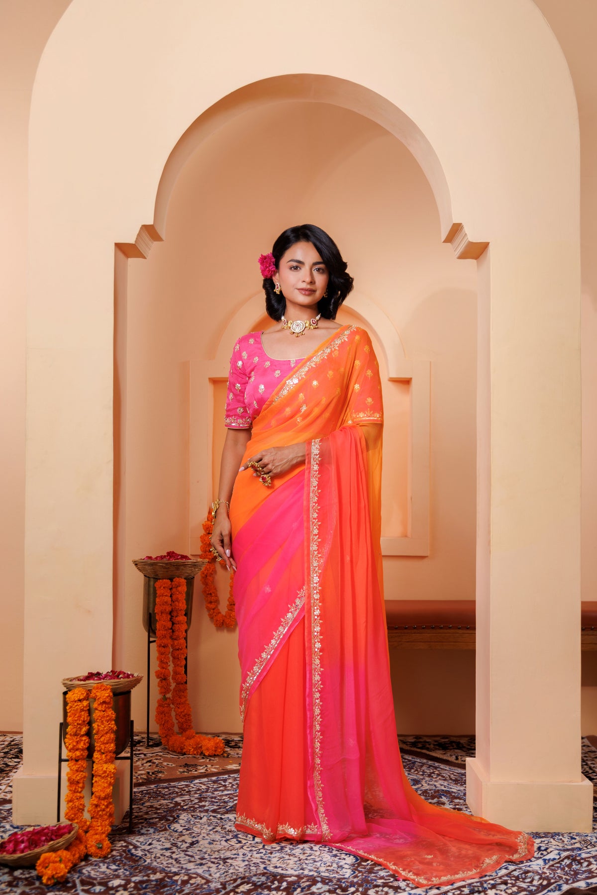 Orange Pink Chiffon Saree with Aari & Sequin Work