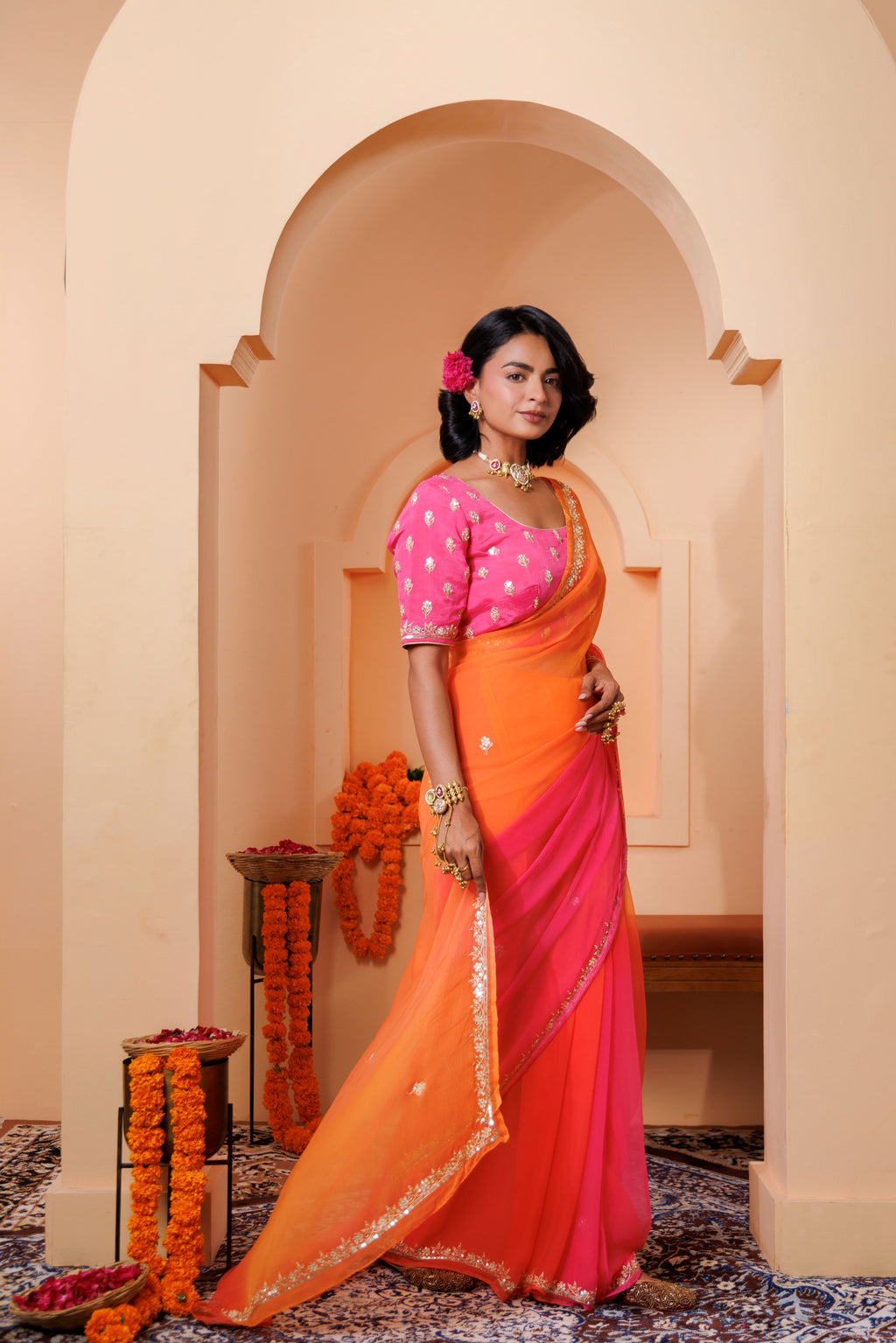 Orange Pink Chiffon Saree with Aari & Sequin Work