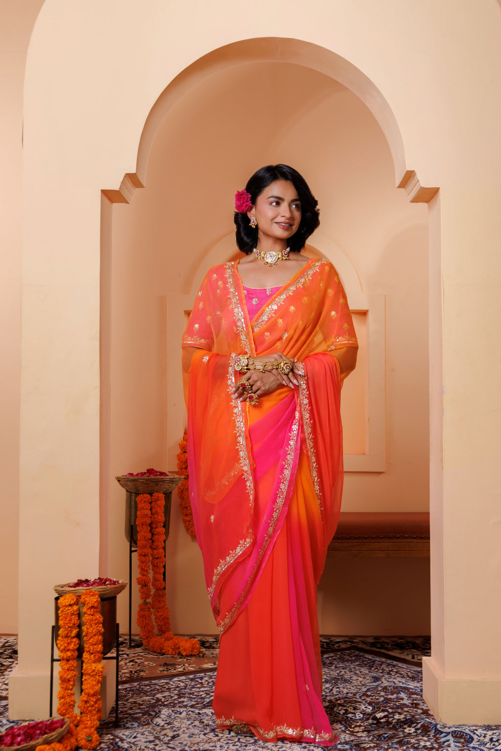 Orange Pink Chiffon Saree with Aari & Sequin Work