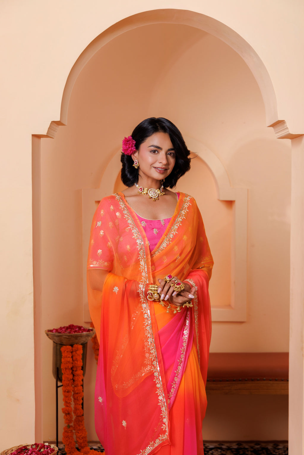 Orange Pink Chiffon Saree with Aari & Sequin Work