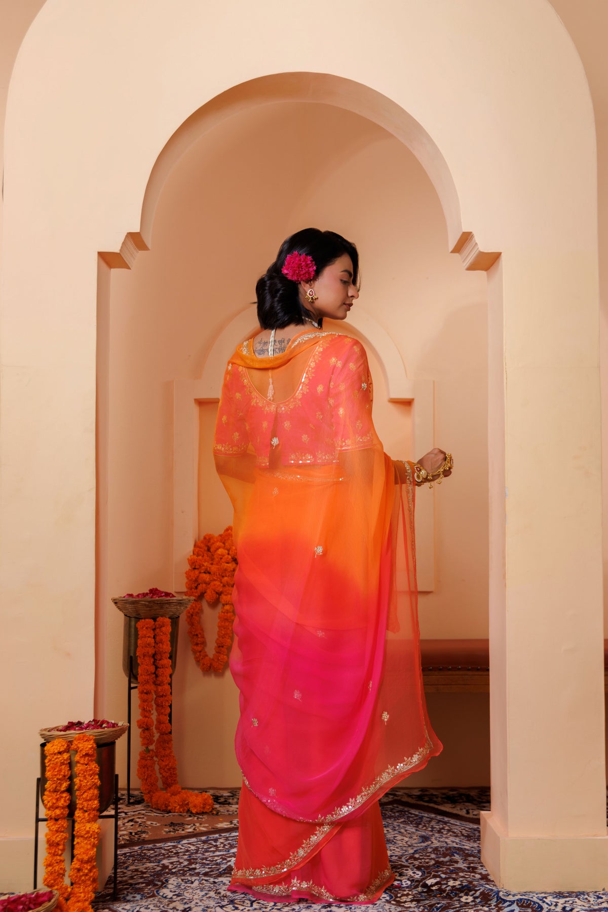 Orange Pink Chiffon Saree with Aari & Sequin Work