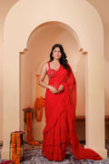 Red Flowy Ruffle Chiffon Drape Saree