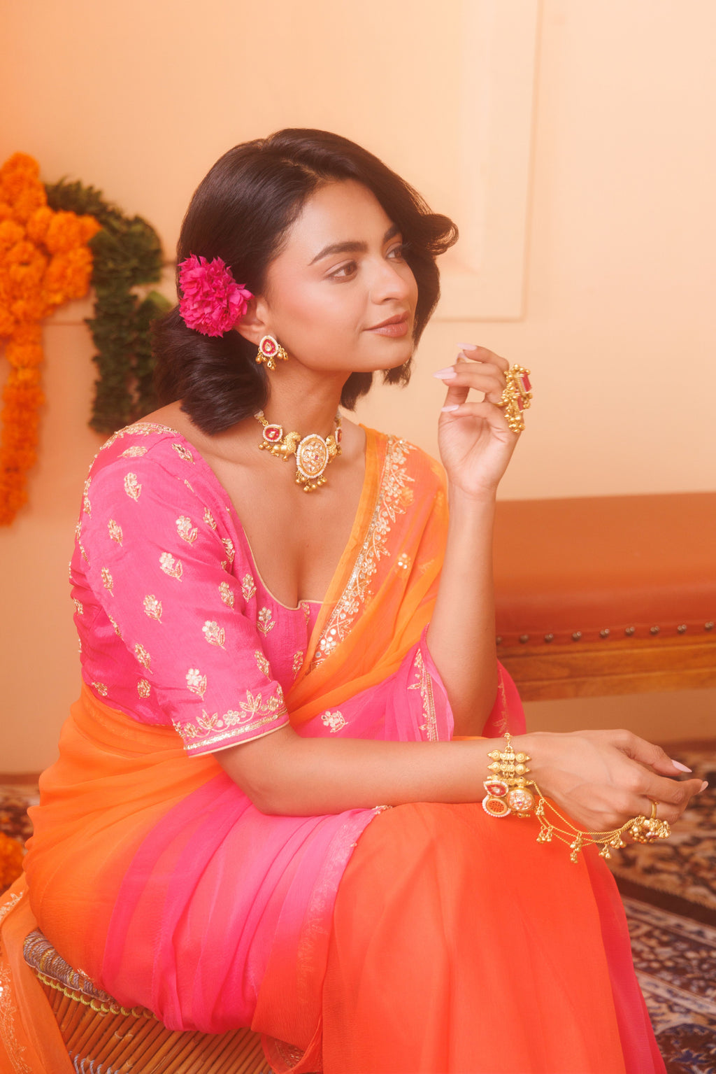 Orange Pink Chiffon Saree with Aari & Sequin Work