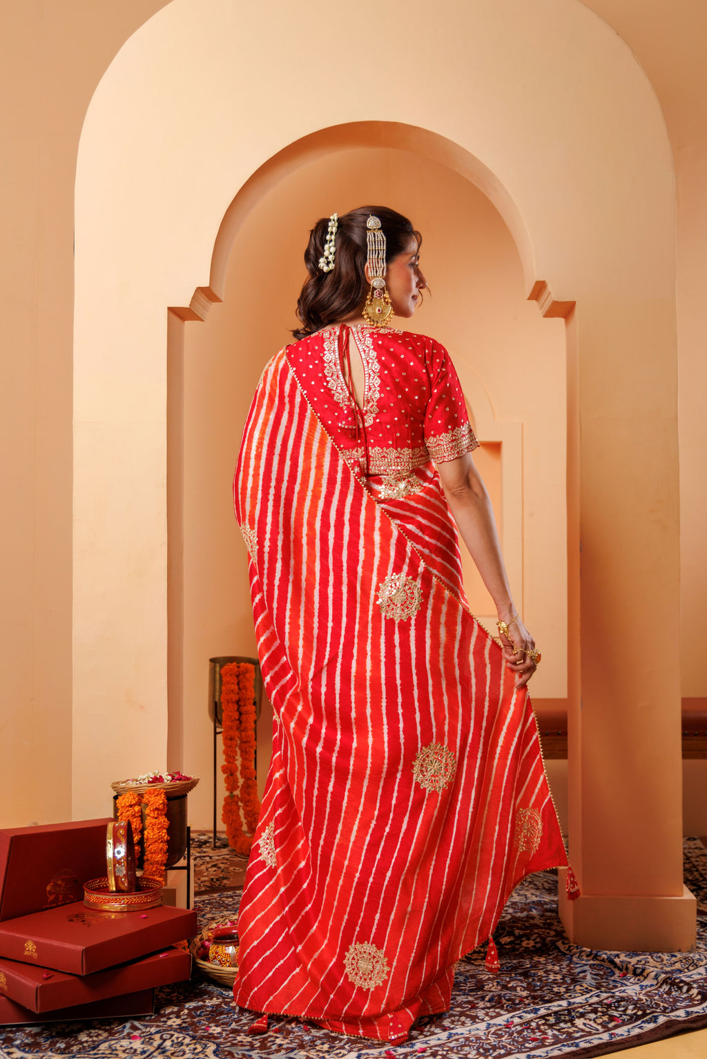 Red-Orange Leheriya Tussar Silk Gota Patti Saree