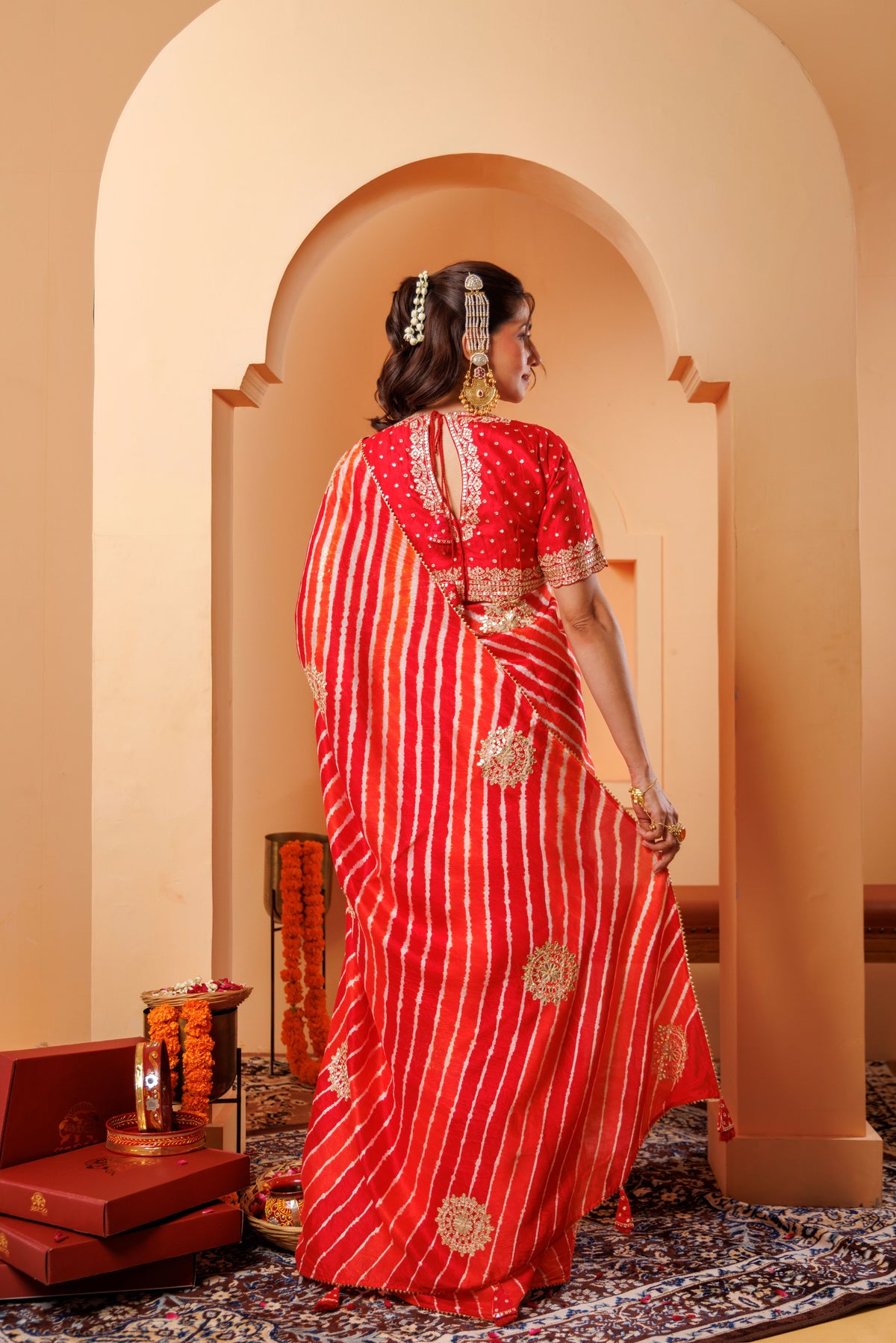 Red-Orange Leheriya Tussar Silk Gota Patti Saree
