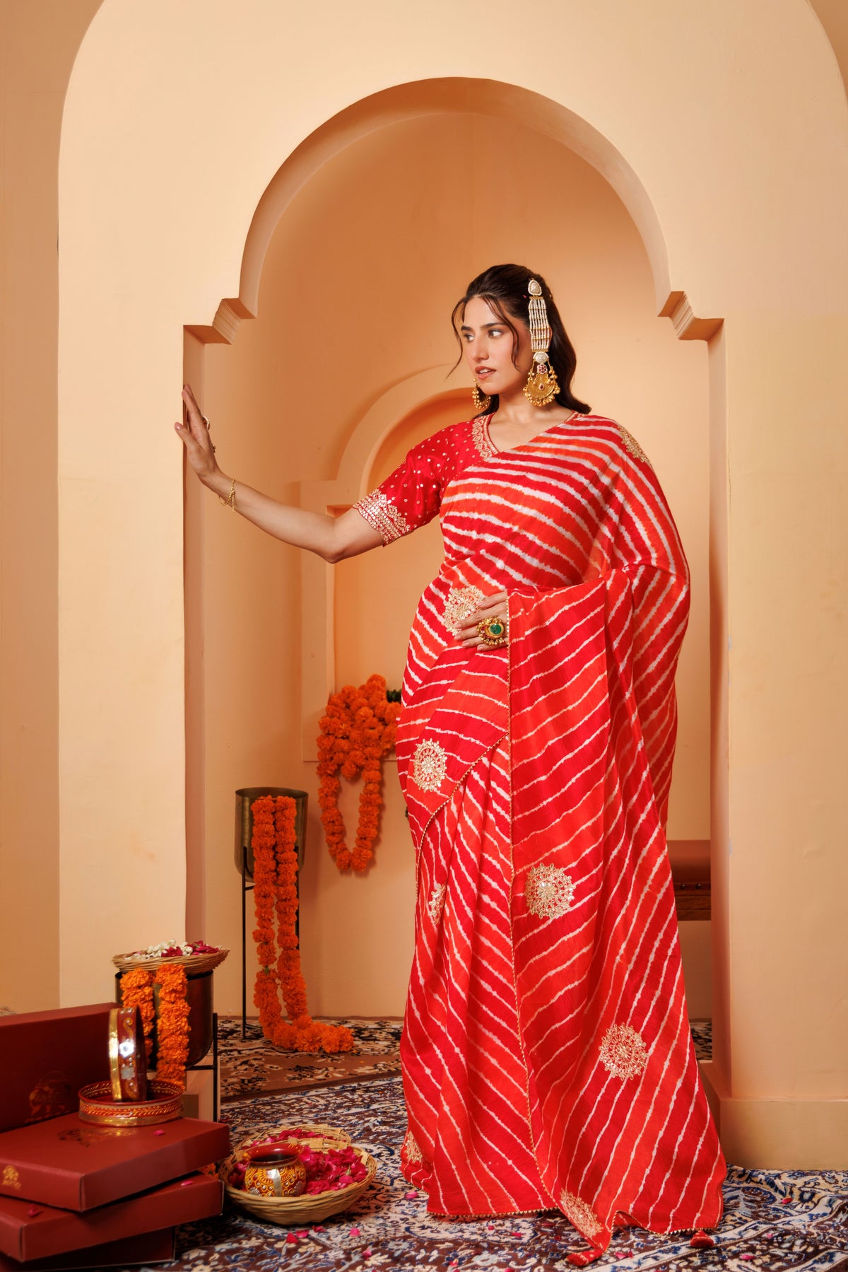 Red-Orange Leheriya Tussar Silk Gota Patti Saree