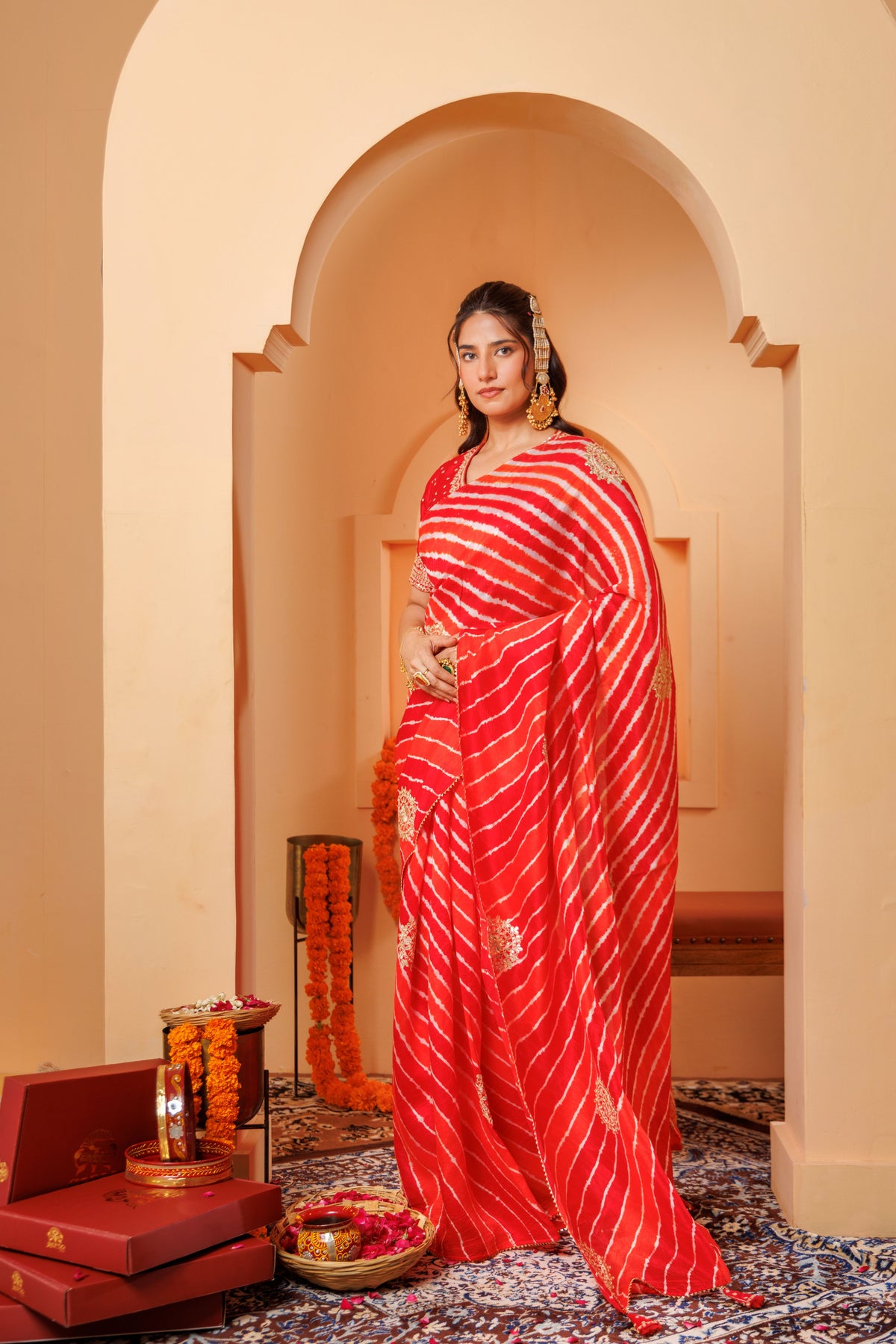 Red-Orange Leheriya Tussar Silk Gota Patti Saree