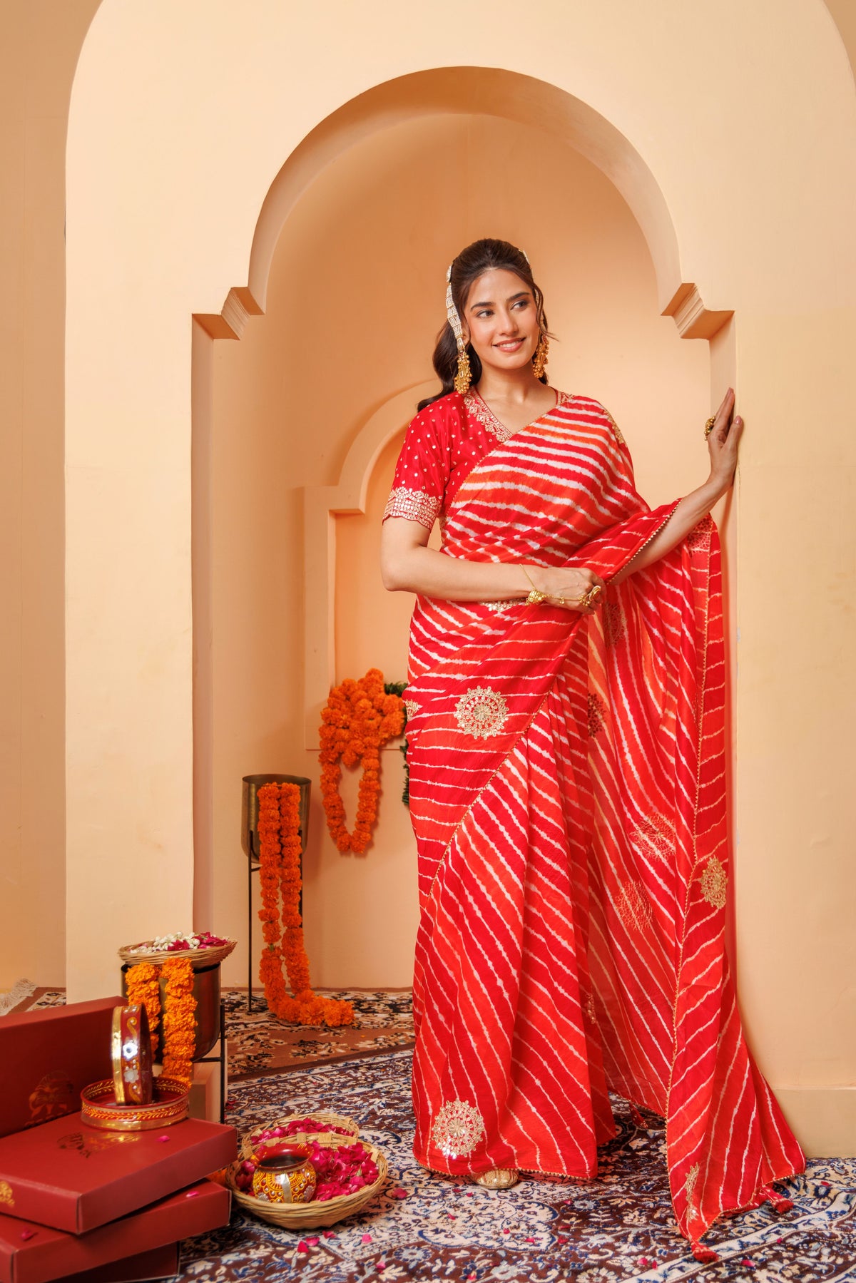 Red-Orange Leheriya Tussar Silk Gota Patti Saree