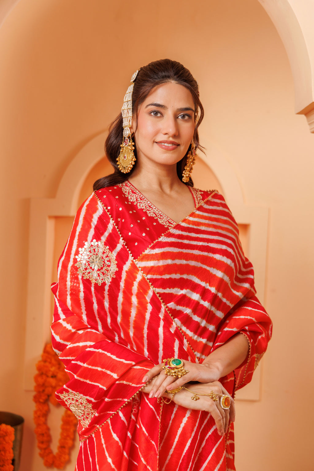 Red-Orange Leheriya Tussar Silk Gota Patti Saree