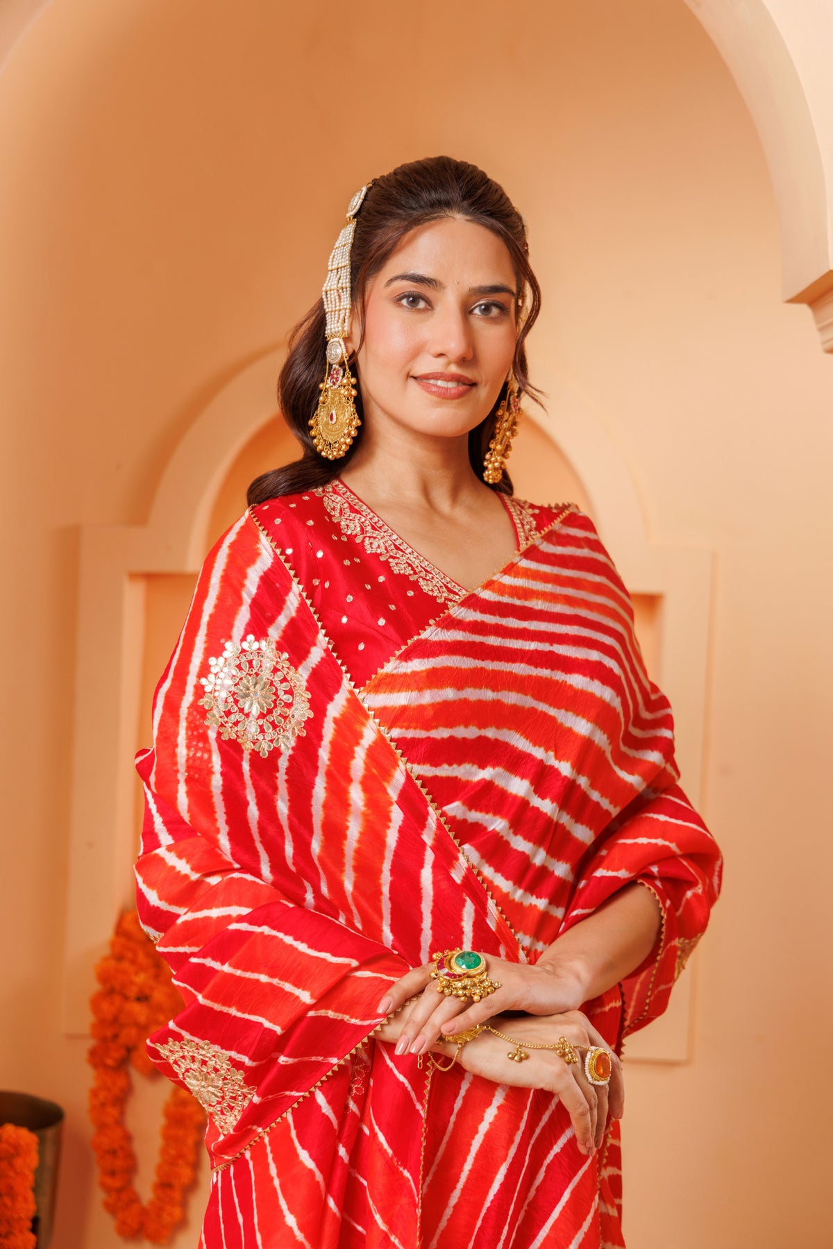 Red-Orange Leheriya Tussar Silk Gota Patti Saree