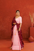 Pink and Maroon Leheriya Chinon Embroidered Lehenga Set