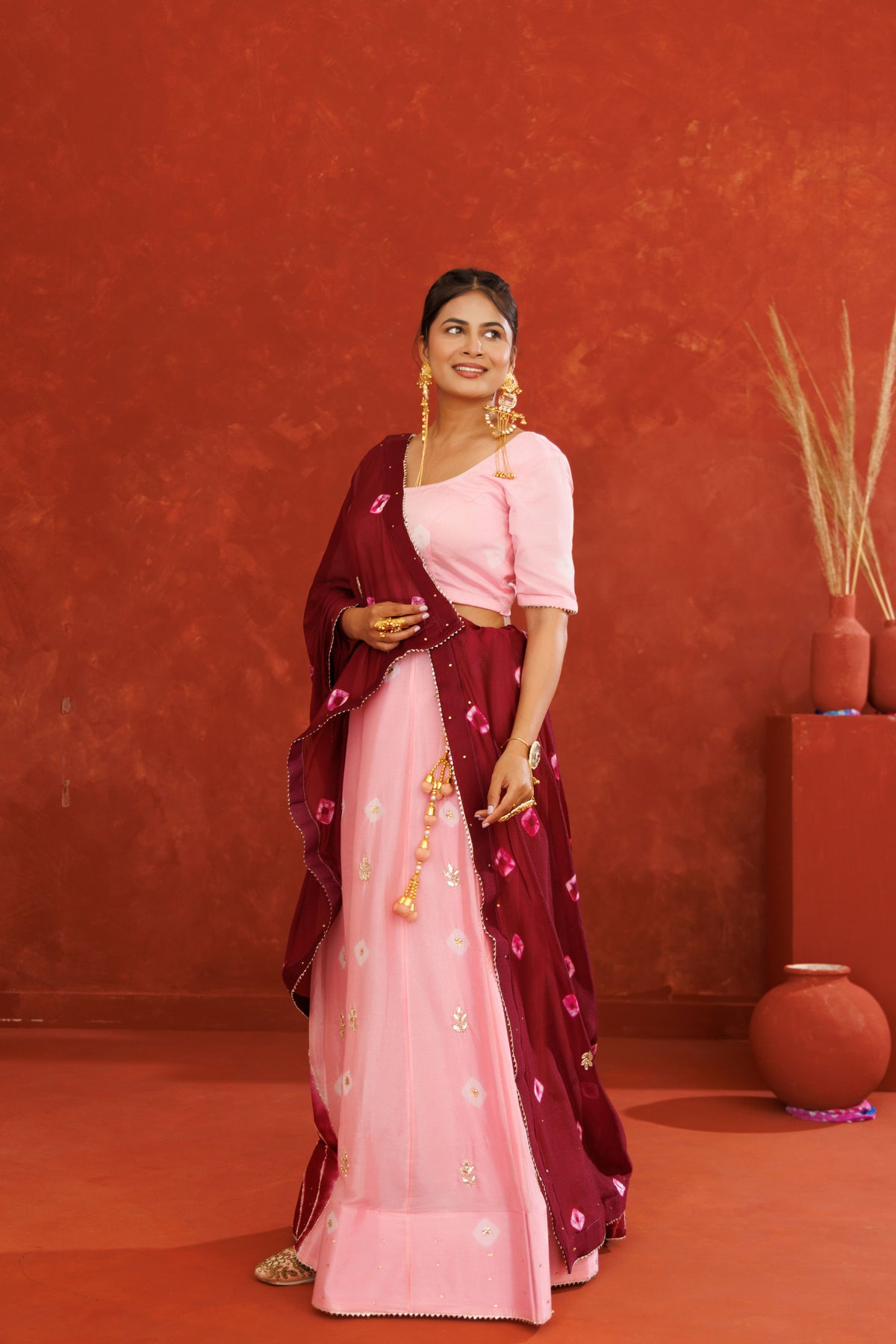 Pink and Maroon Leheriya Chinon Embroidered Lehenga Set
