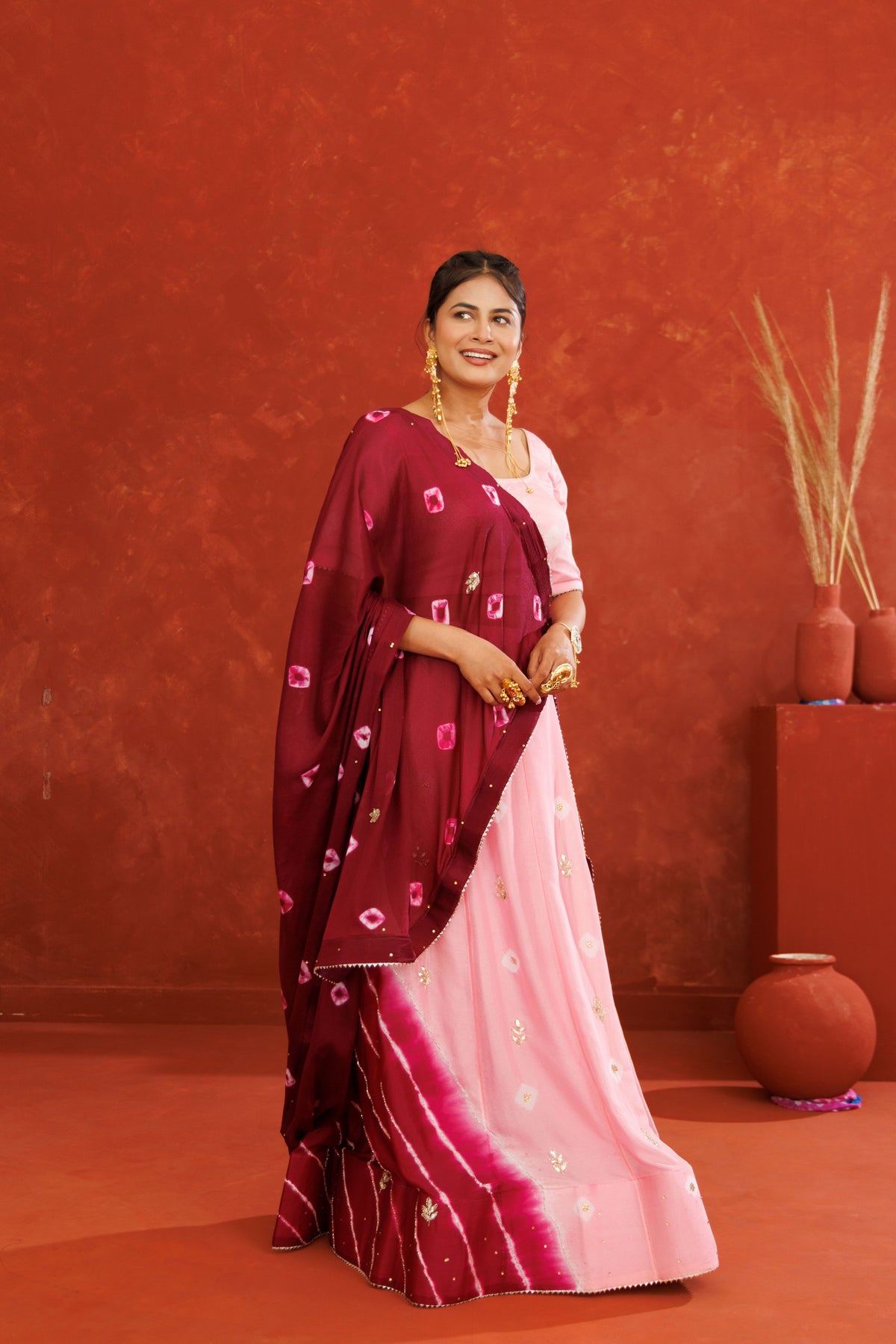 Pink and Maroon Leheriya Chinon Embroidered Lehenga Set