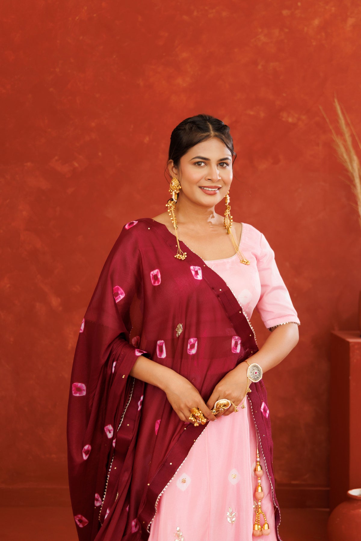 Pink and Maroon Leheriya Chinon Embroidered Lehenga Set
