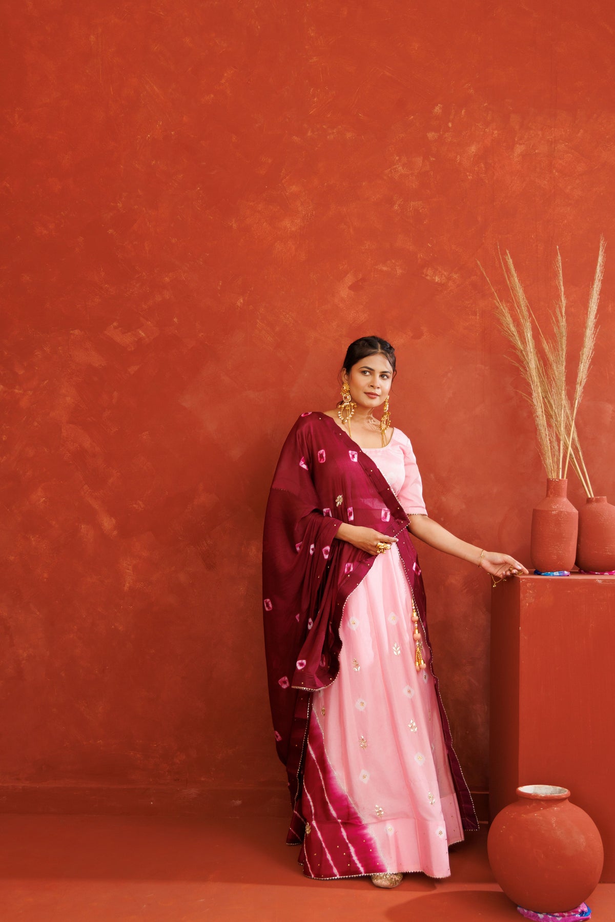 Pink and Maroon Leheriya Chinon Embroidered Lehenga Set
