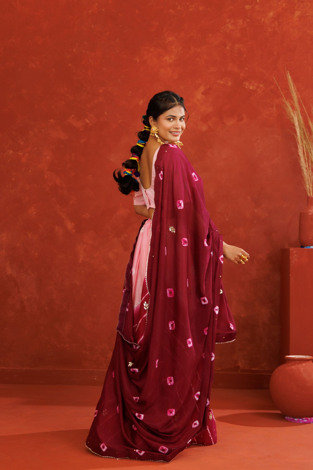 Pink and Maroon Leheriya Chinon Embroidered Lehenga Set