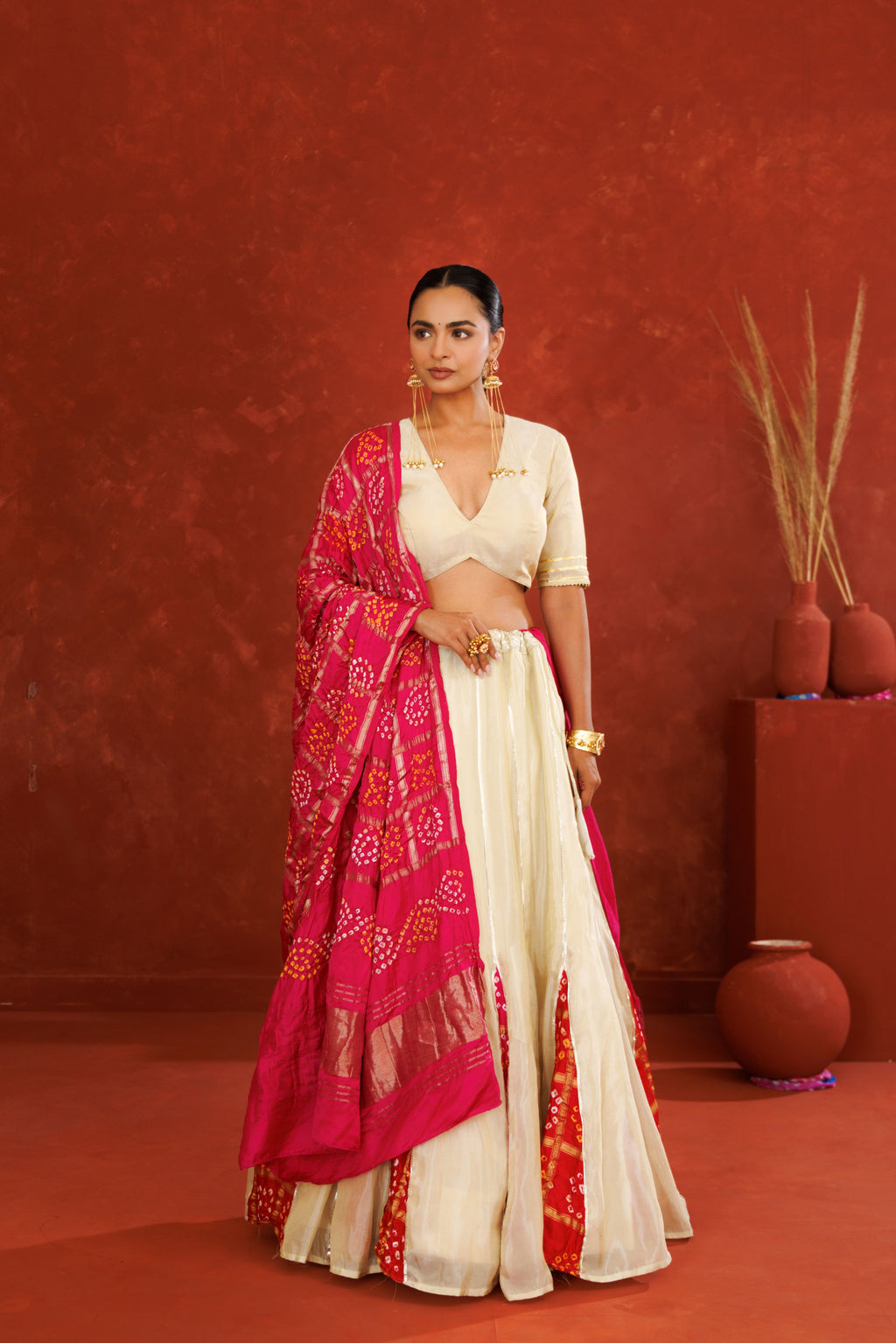 Off White Tissue Lehenga Set with Pink Bandhani Dupatta