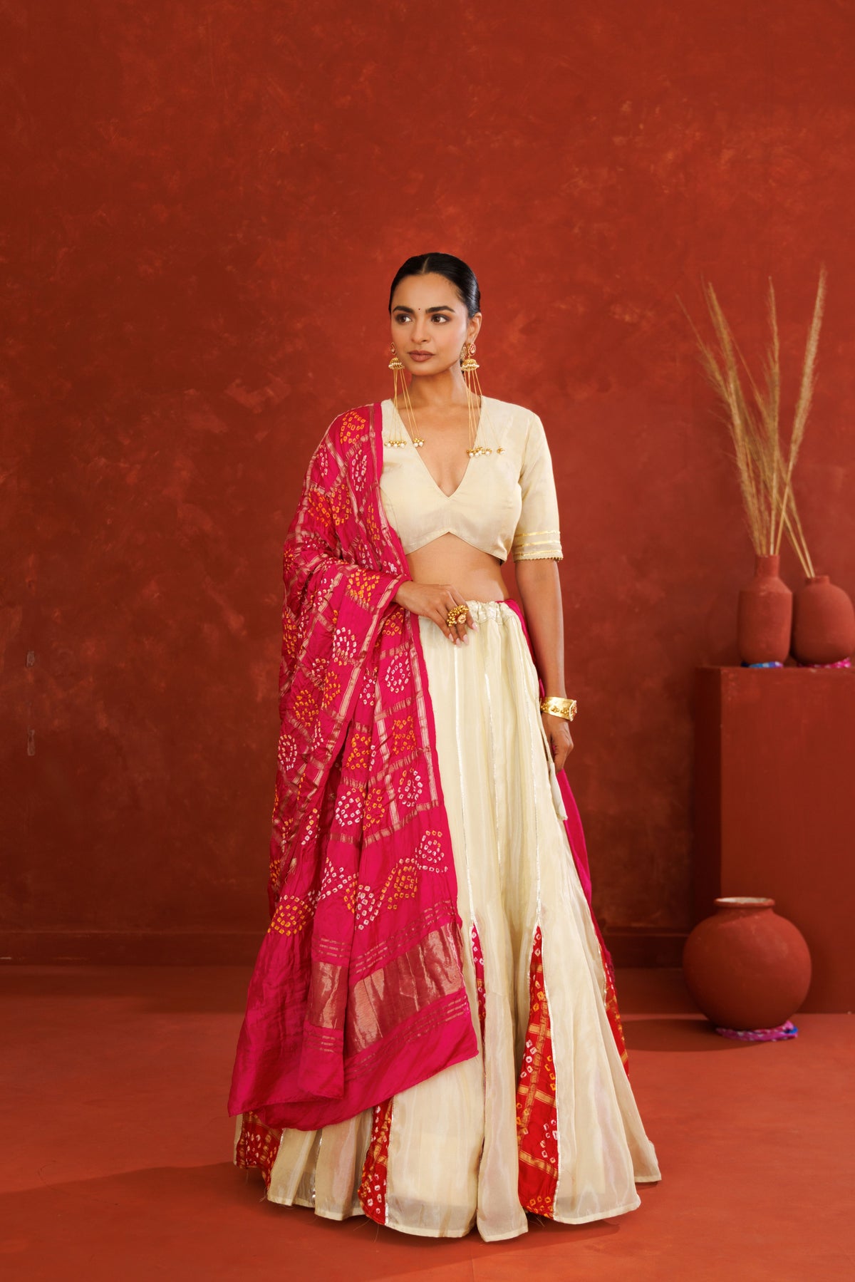 Off White Tissue Lehenga Set with Pink Bandhani Dupatta