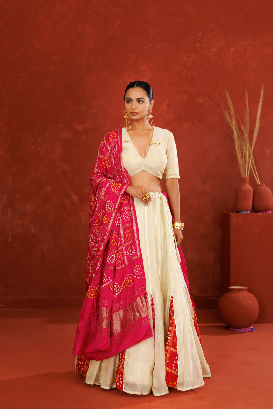 Off White Tissue Lehenga Set with Pink Bandhani Dupatta