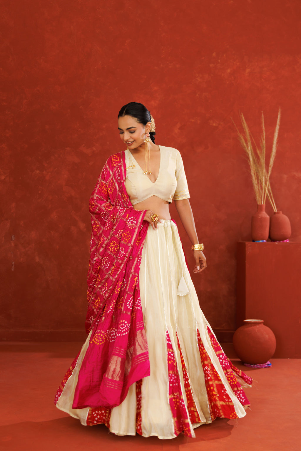 Off White Tissue Lehenga Set with Pink Bandhani Dupatta