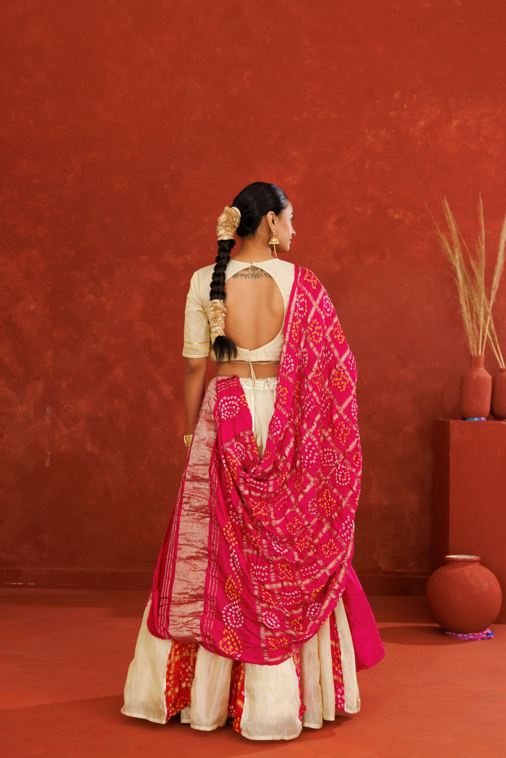 Off White Tissue Lehenga Set with Pink Bandhani Dupatta