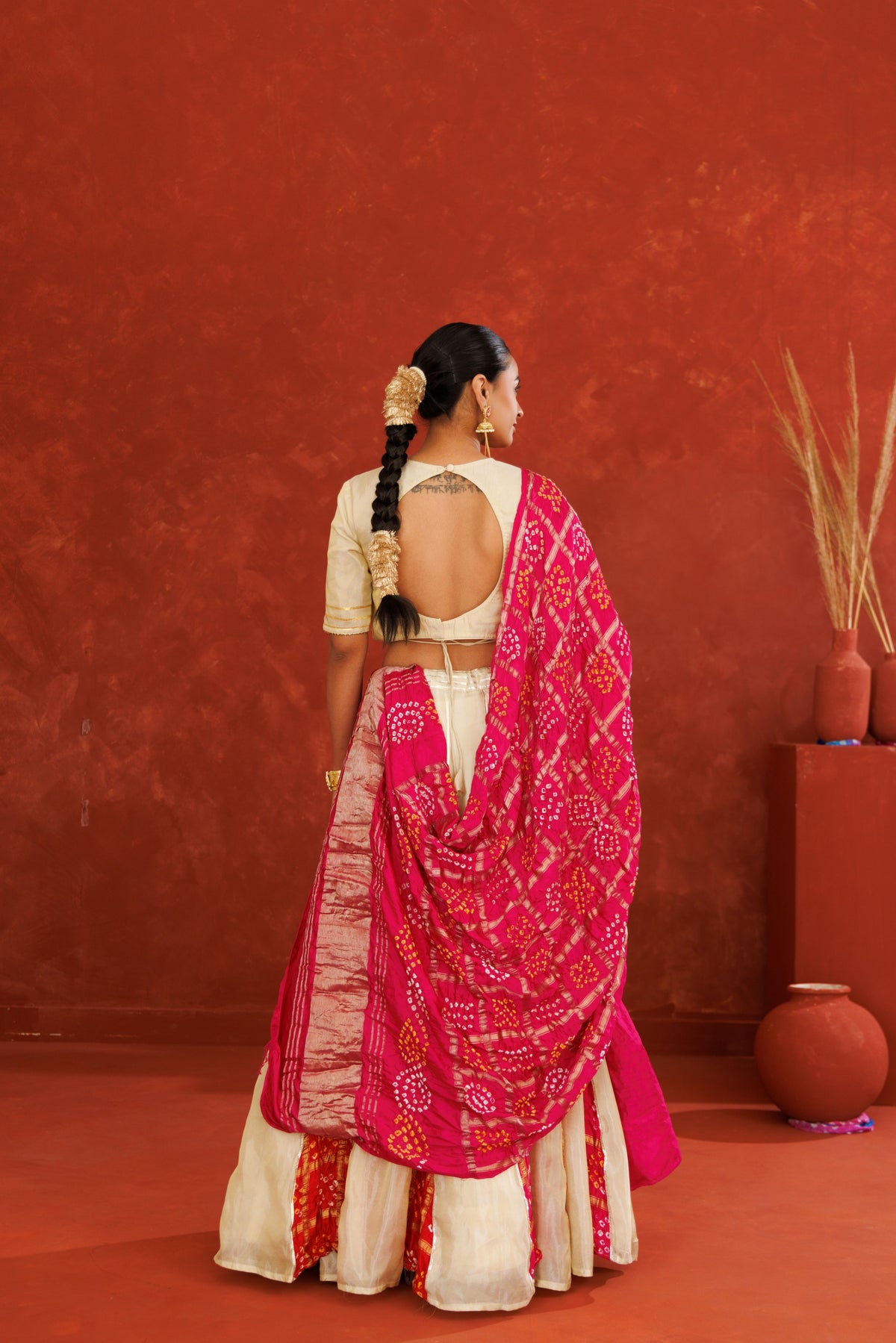 Off White Tissue Lehenga Set with Pink Bandhani Dupatta