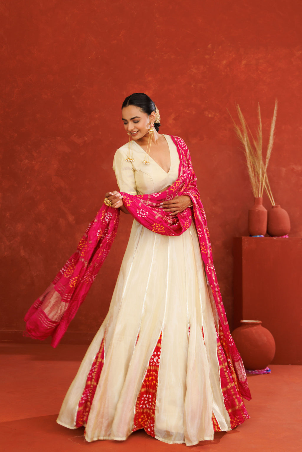 Off White Tissue Lehenga Set with Pink Bandhani Dupatta