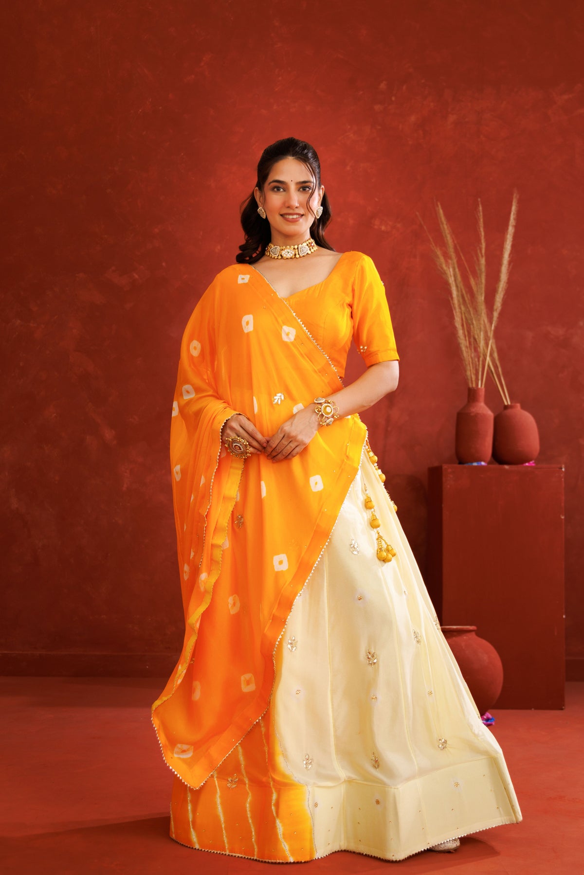 Yellow Leheriya Chinon Embroidered Lehenga Set