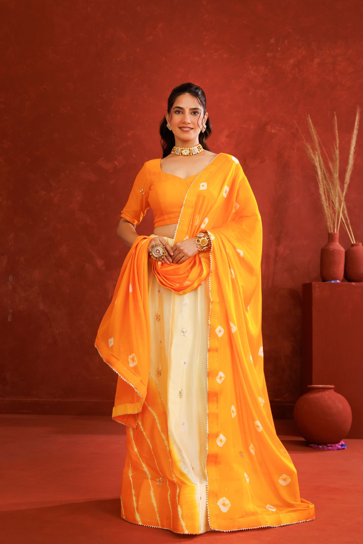 Yellow Leheriya Chinon Embroidered Lehenga Set