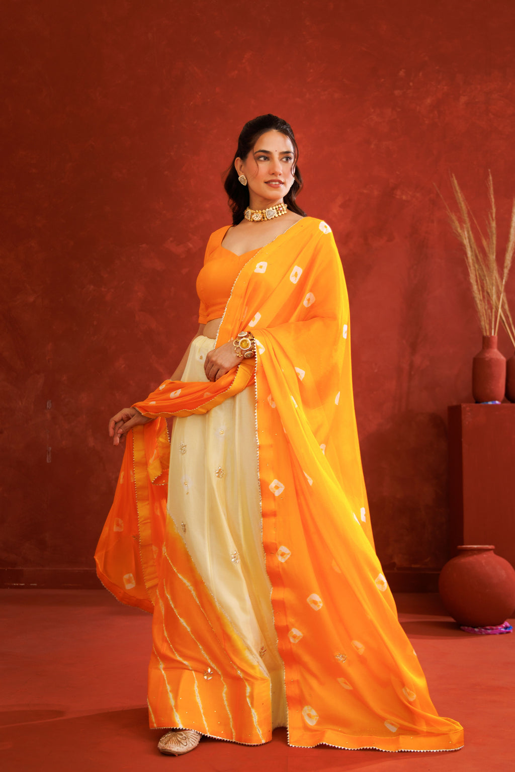 Yellow Leheriya Chinon Embroidered Lehenga Set