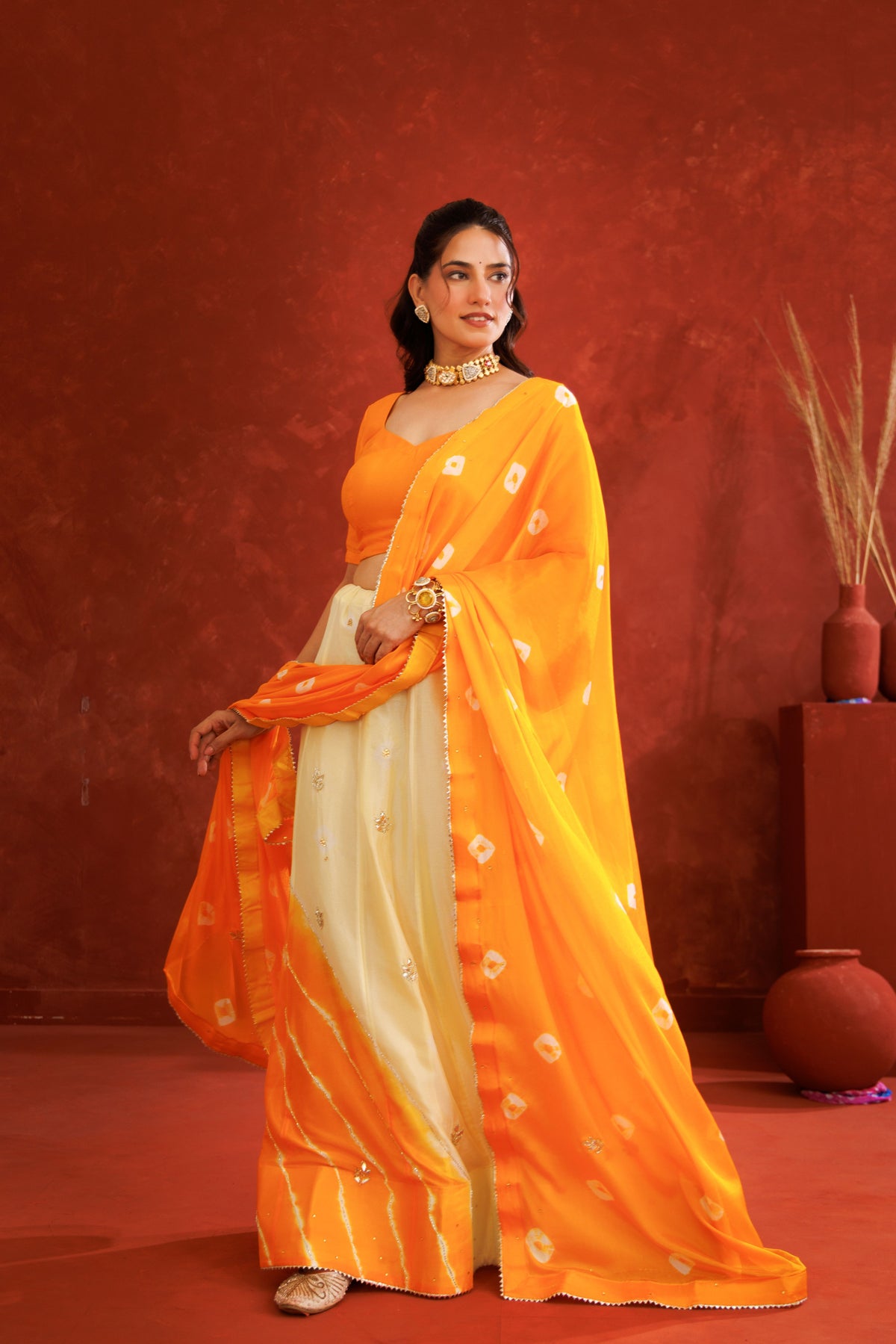 Yellow Leheriya Chinon Embroidered Lehenga Set