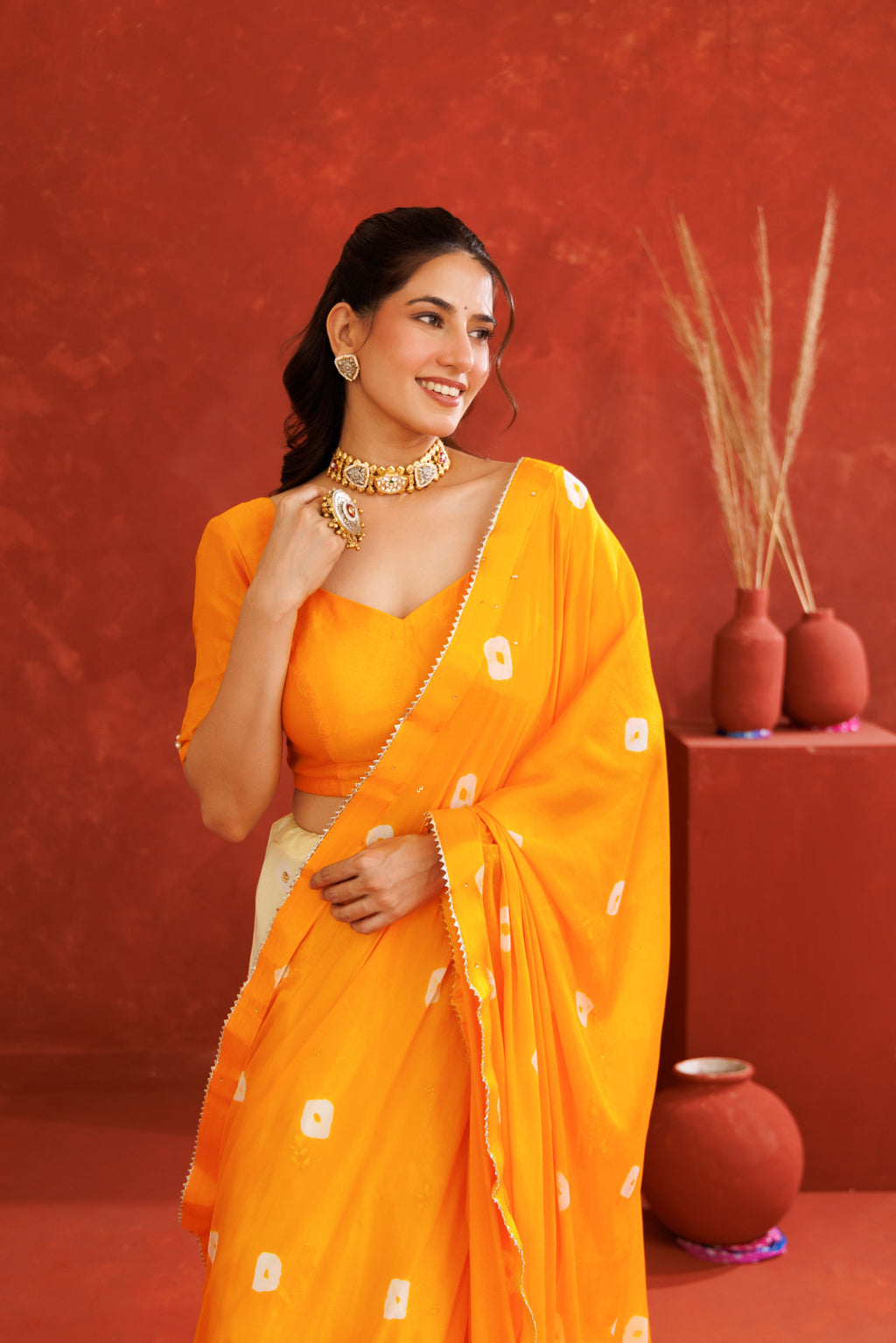 Yellow Leheriya Chinon Embroidered Lehenga Set
