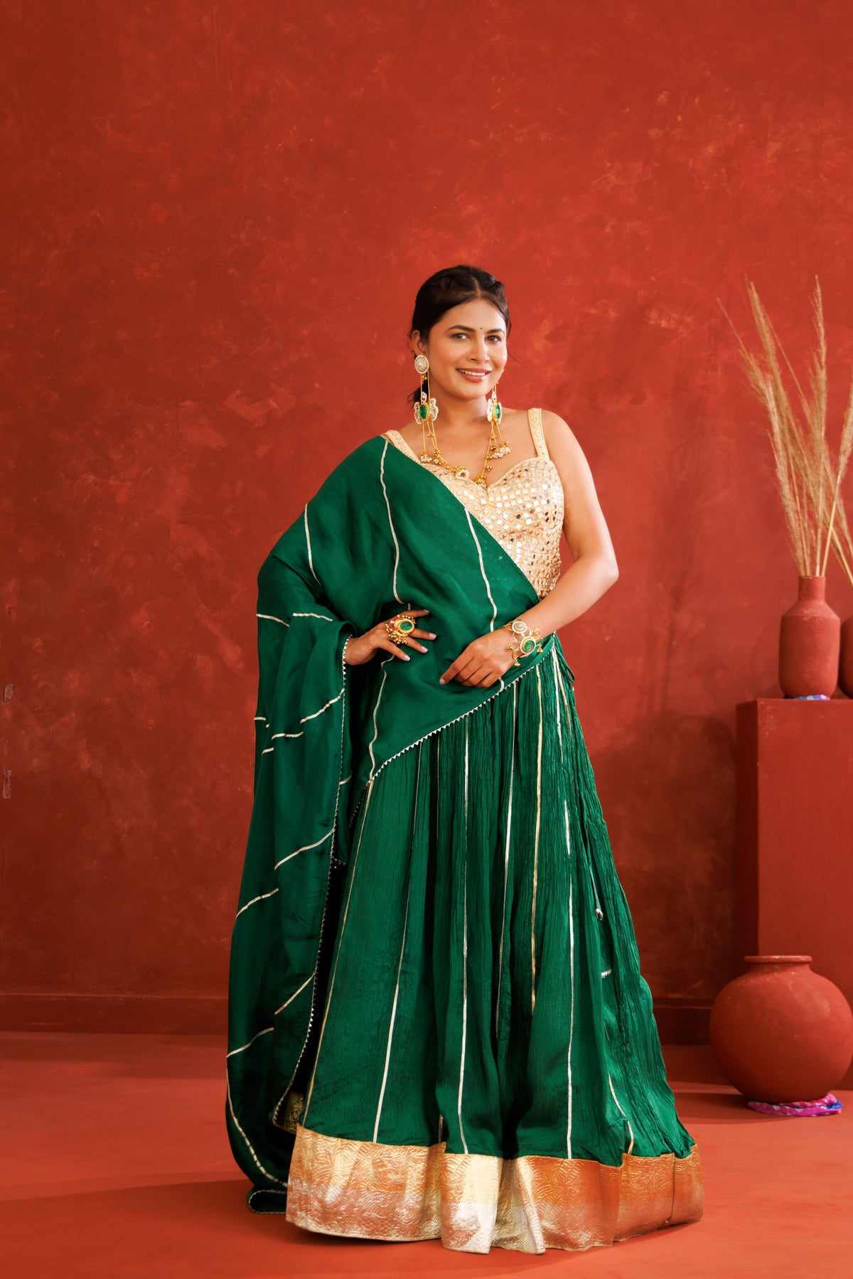 Green Silk Crinkle Lehenga Set
