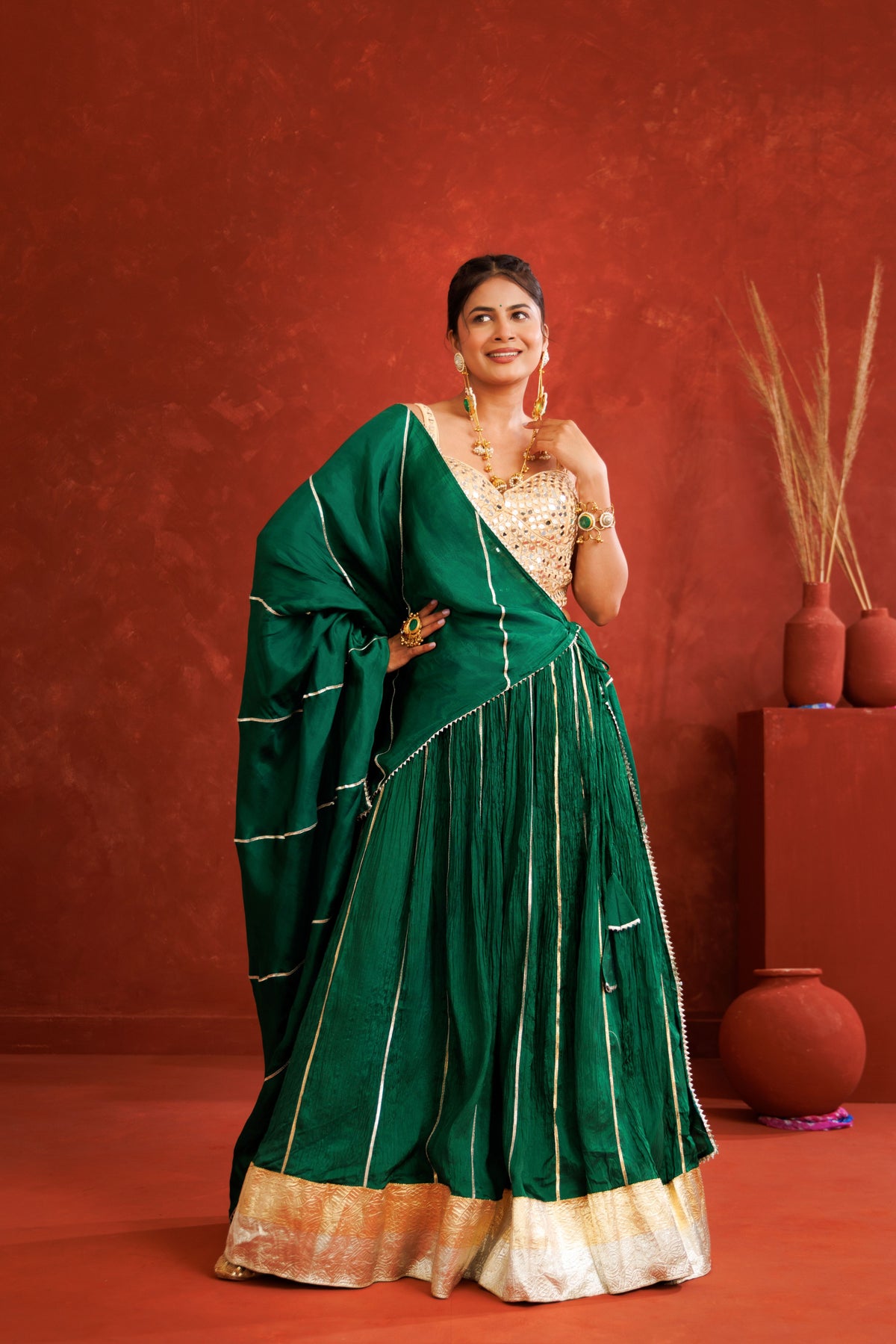 Green Silk Crinkle Lehenga Set