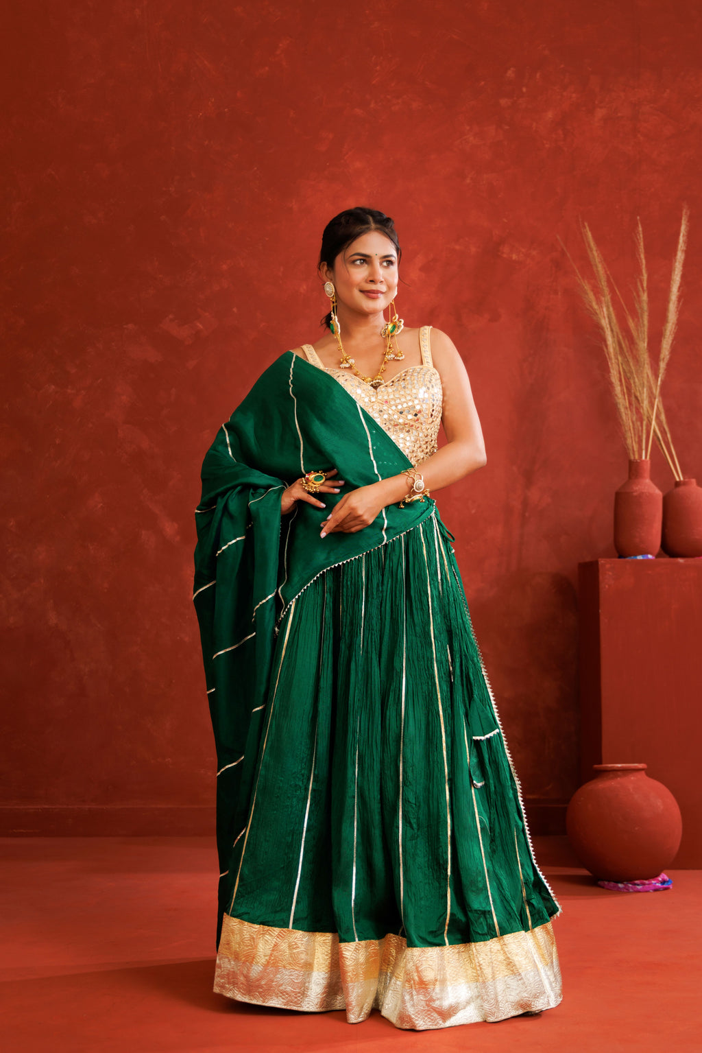 Green Silk Crinkle Lehenga Set
