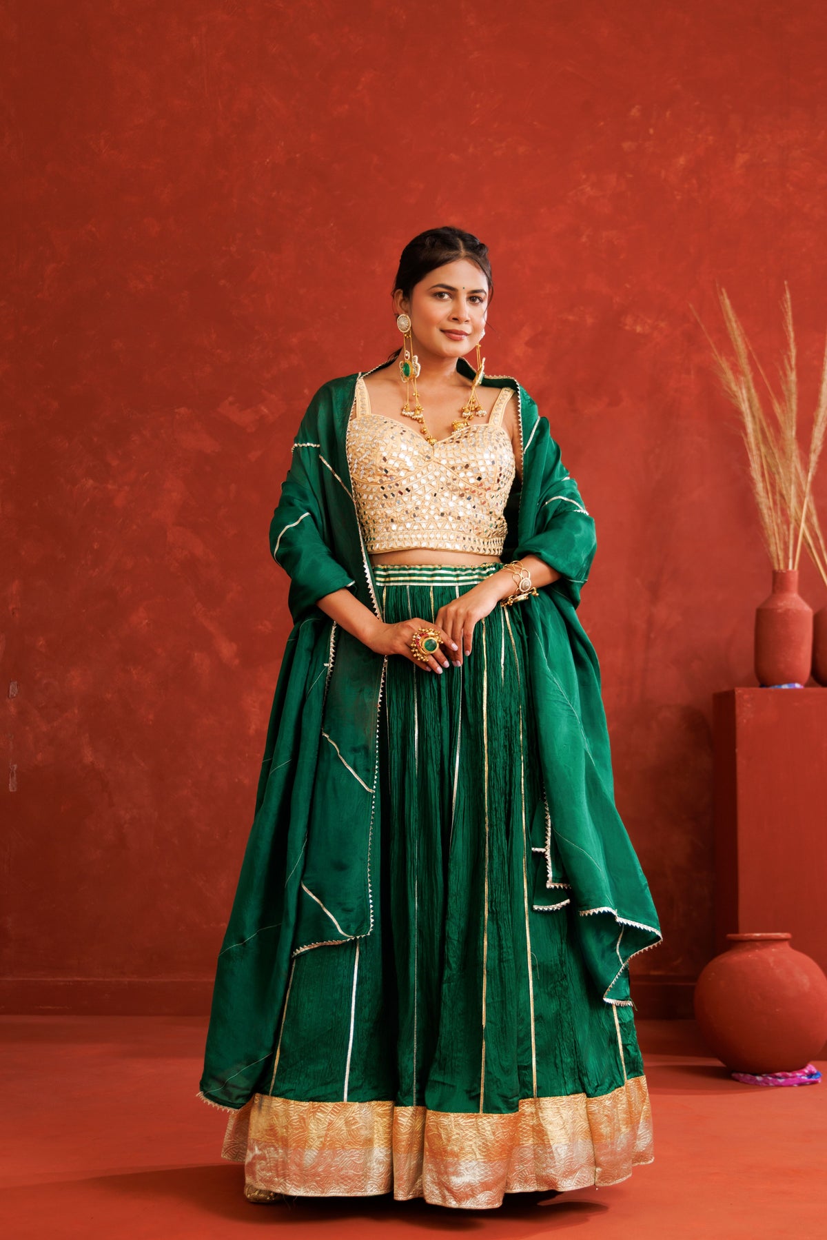 Green Silk Crinkle Lehenga Set