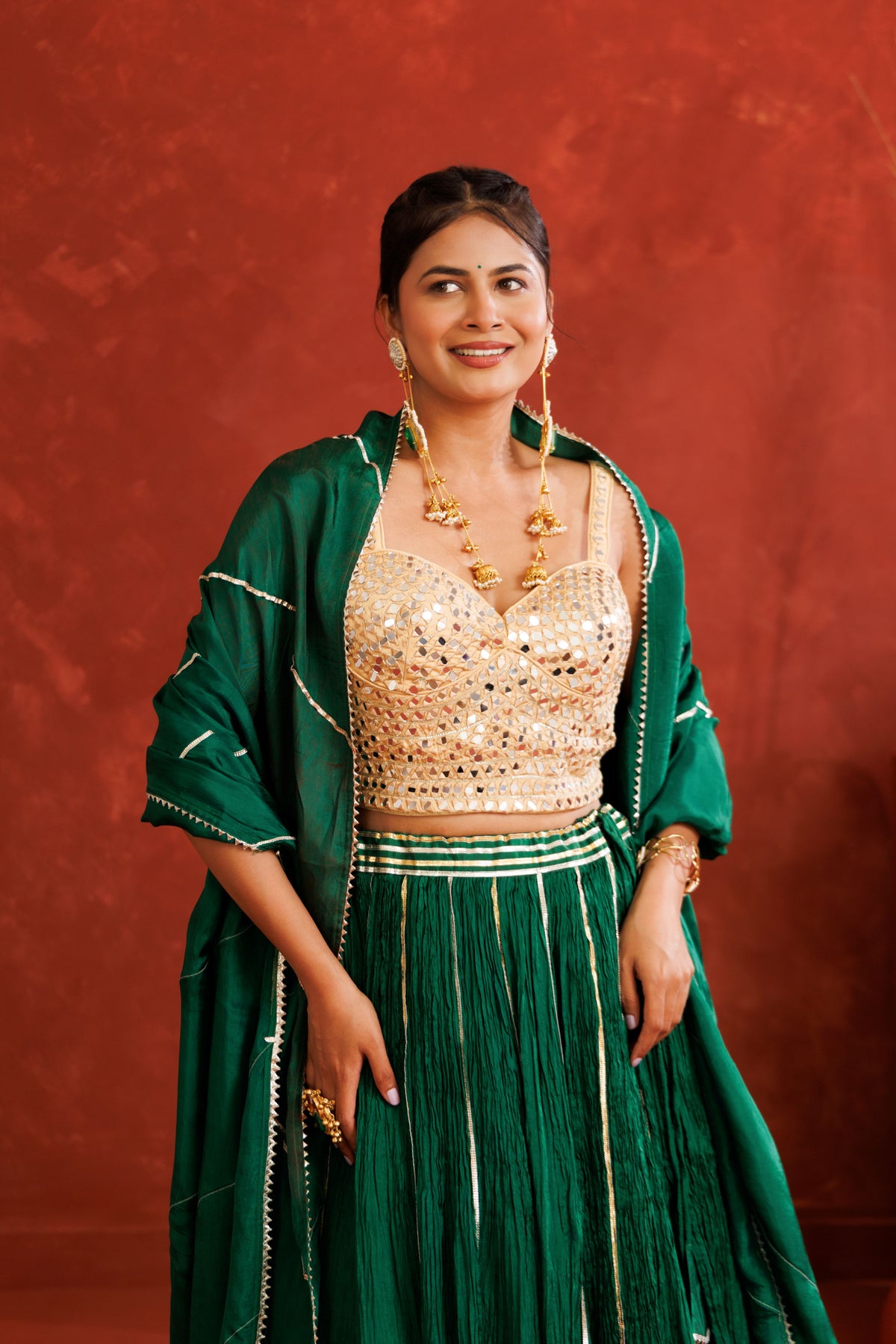 Green Silk Crinkle Lehenga Set